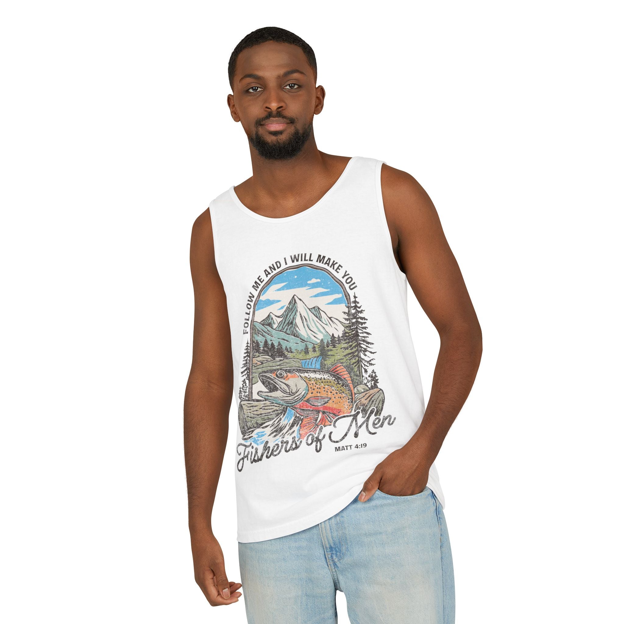 Fishers of Men Tank Top — Christian Fishing Graphic Tank ("Follow Me and I Will Make You" Matthew 4:19)