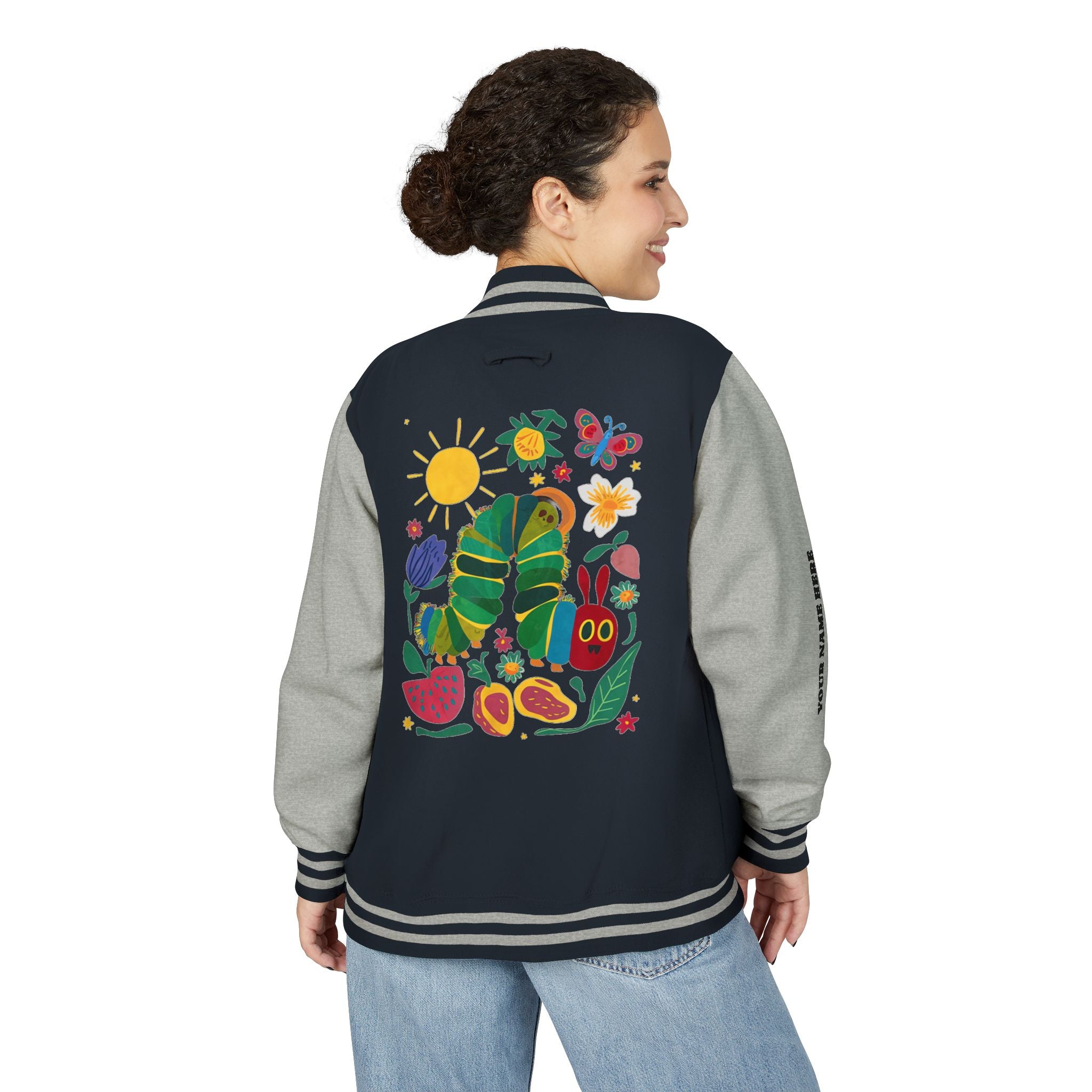 Custom Gift - Letterman Jacket for Teacher — Colorful "Very Hungry Caterpillar" Garden Back Patch