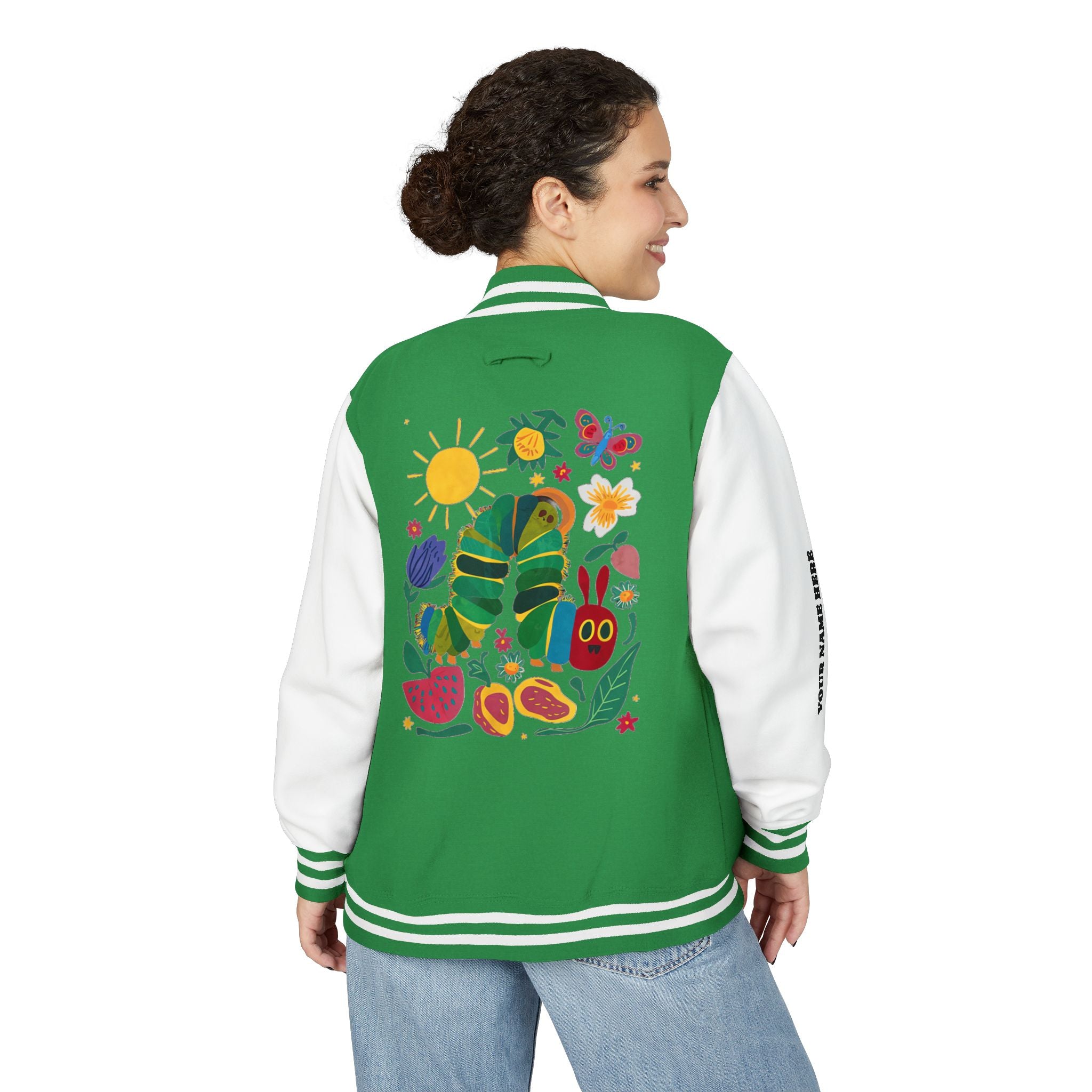Custom Gift - Letterman Jacket for Teacher — Colorful "Very Hungry Caterpillar" Garden Back Patch
