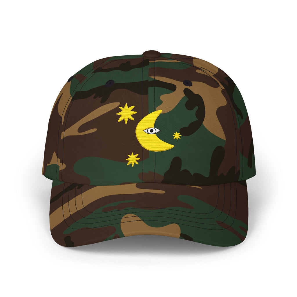 Moon Eye Dad Cap — Embroidered Crescent Moon & Stars Baseball Hat