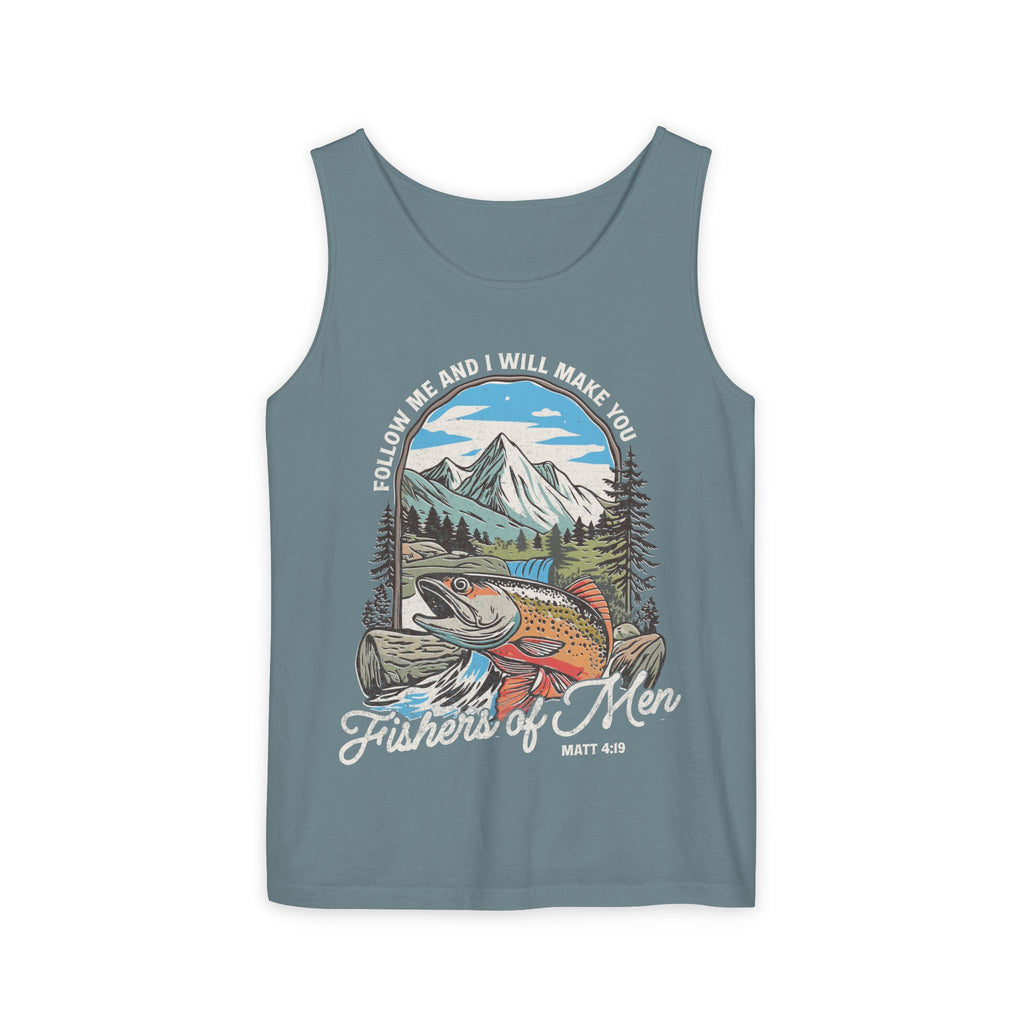 Fishers of Men Tank Top — Christian Fishing Graphic Tank ("Follow Me and I Will Make You" Matthew 4:19)