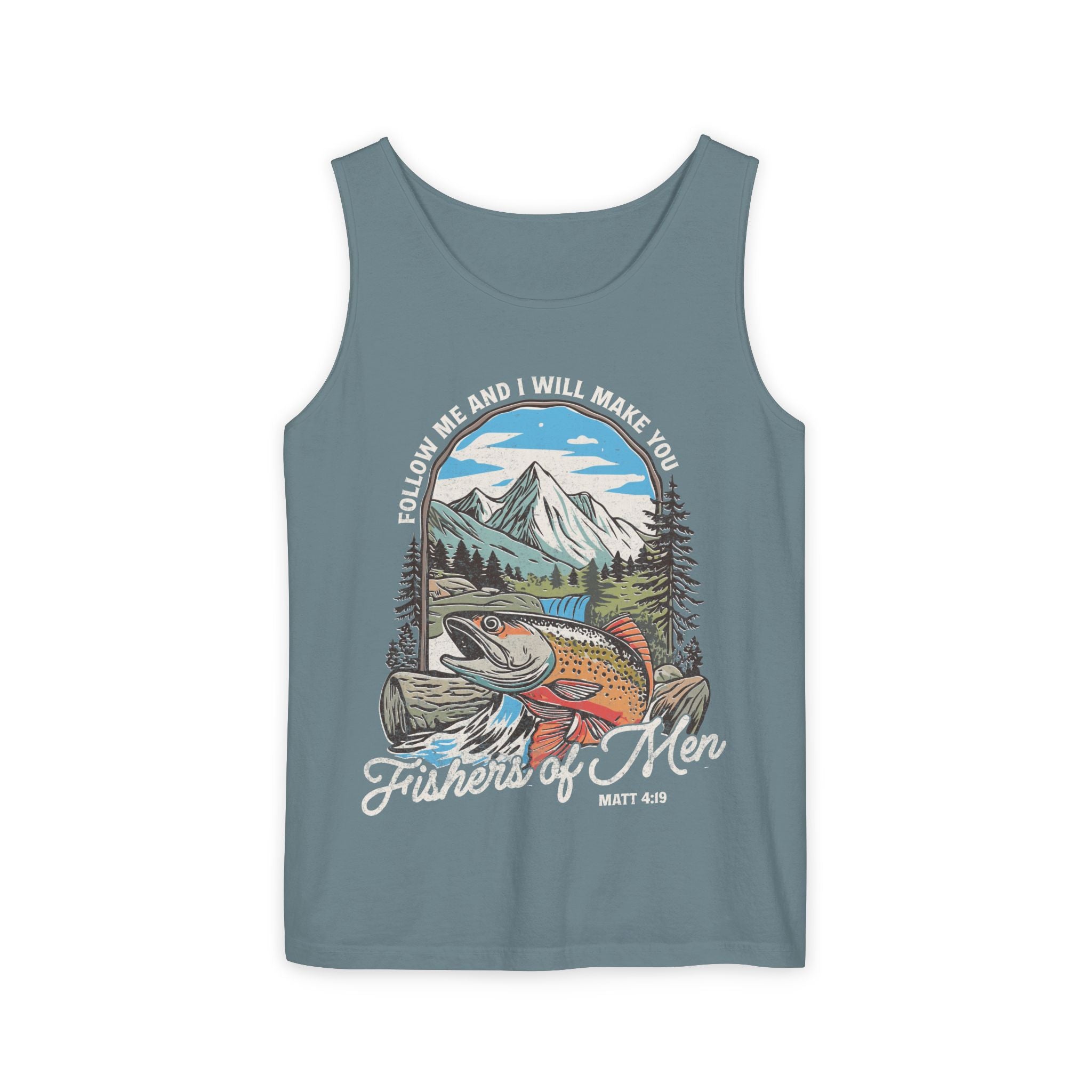Fishers of Men Tank Top — Christian Fishing Graphic Tank ("Follow Me and I Will Make You" Matthew 4:19)