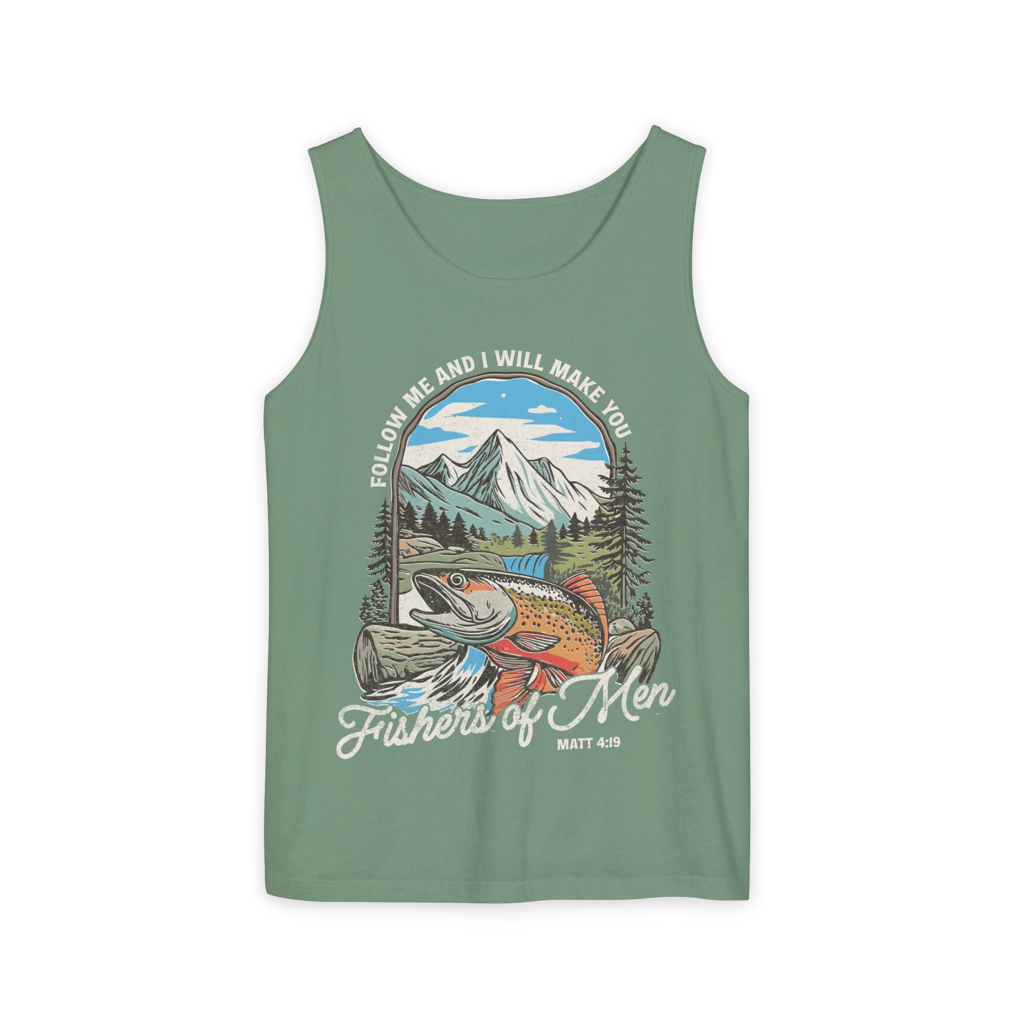 Fishers of Men Tank Top — Christian Fishing Graphic Tank ("Follow Me and I Will Make You" Matthew 4:19)