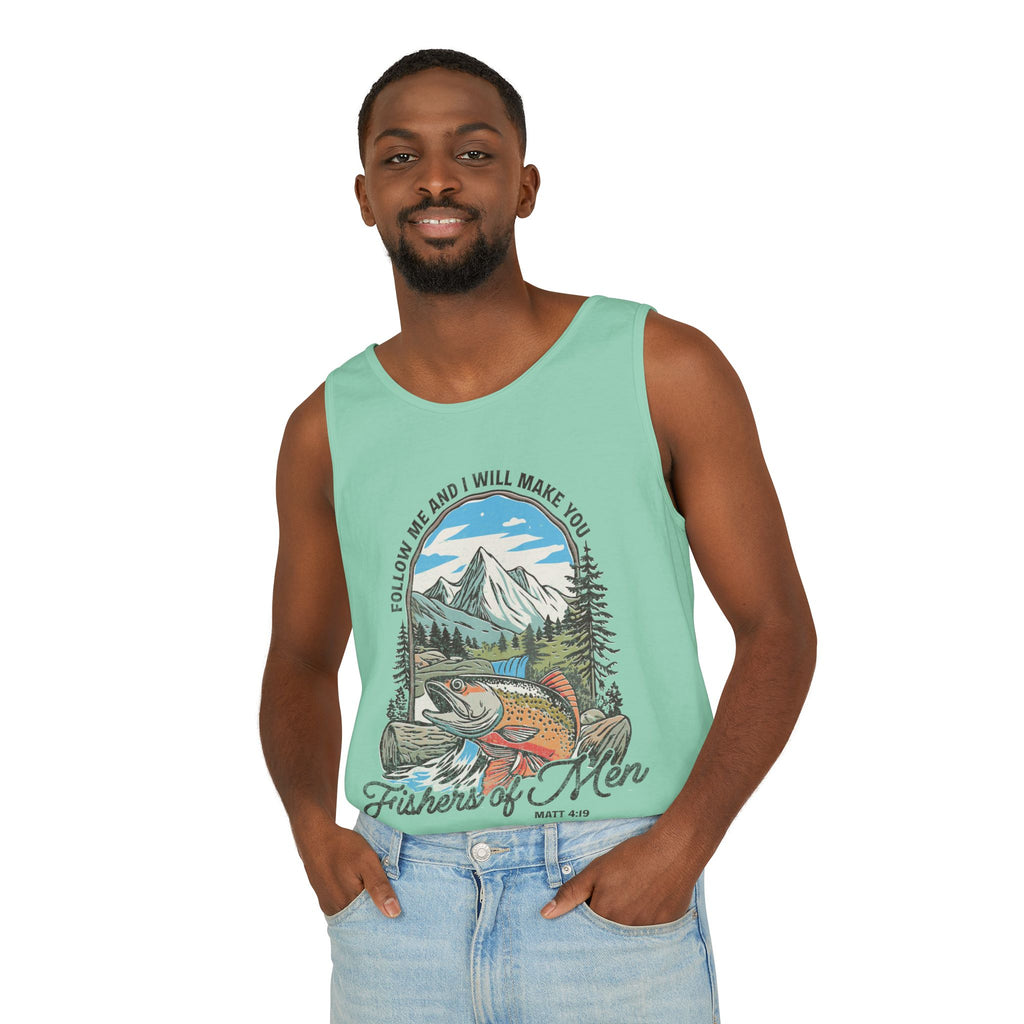 Fishers of Men Tank Top — Christian Fishing Graphic Tank ("Follow Me and I Will Make You" Matthew 4:19)