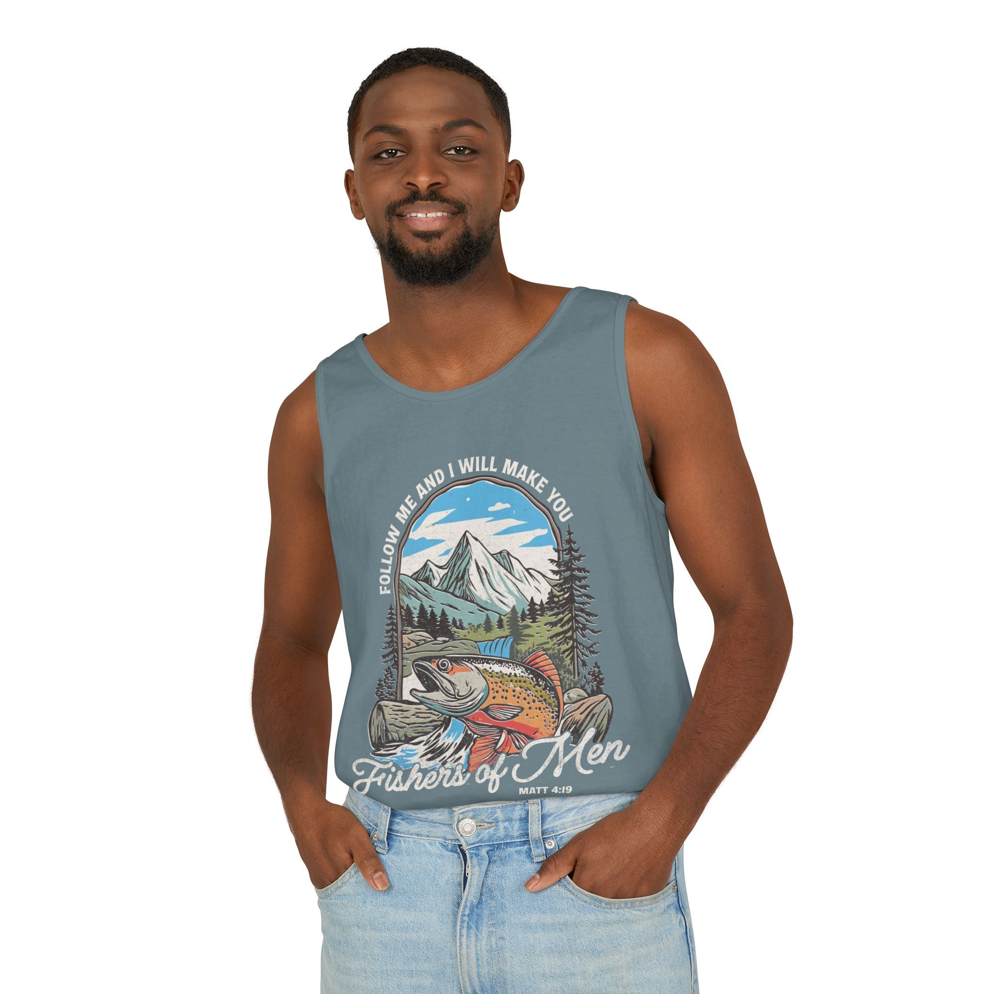Fishers of Men Tank Top — Christian Fishing Graphic Tank ("Follow Me and I Will Make You" Matthew 4:19)