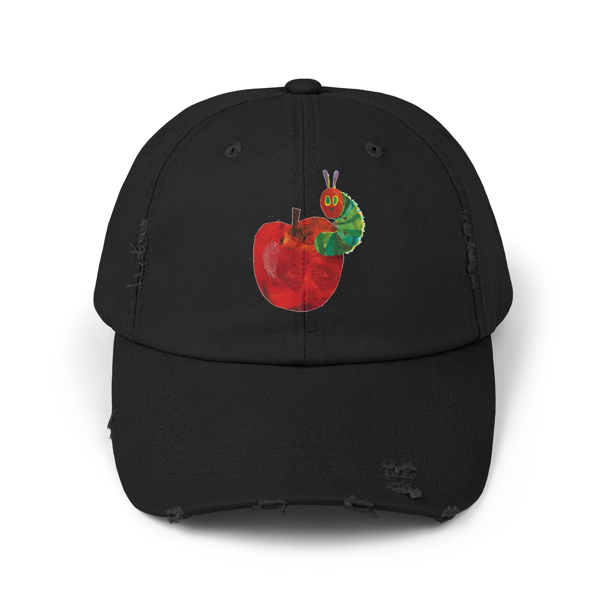 Distressed Cap • Watercolor Caterpillar on Apple Hat — Cute Kids & Adult Storybook Baseball Cap