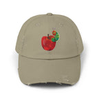 Distressed Cap • Watercolor Caterpillar on Apple Hat — Cute Kids & Adult Storybook Baseball Cap