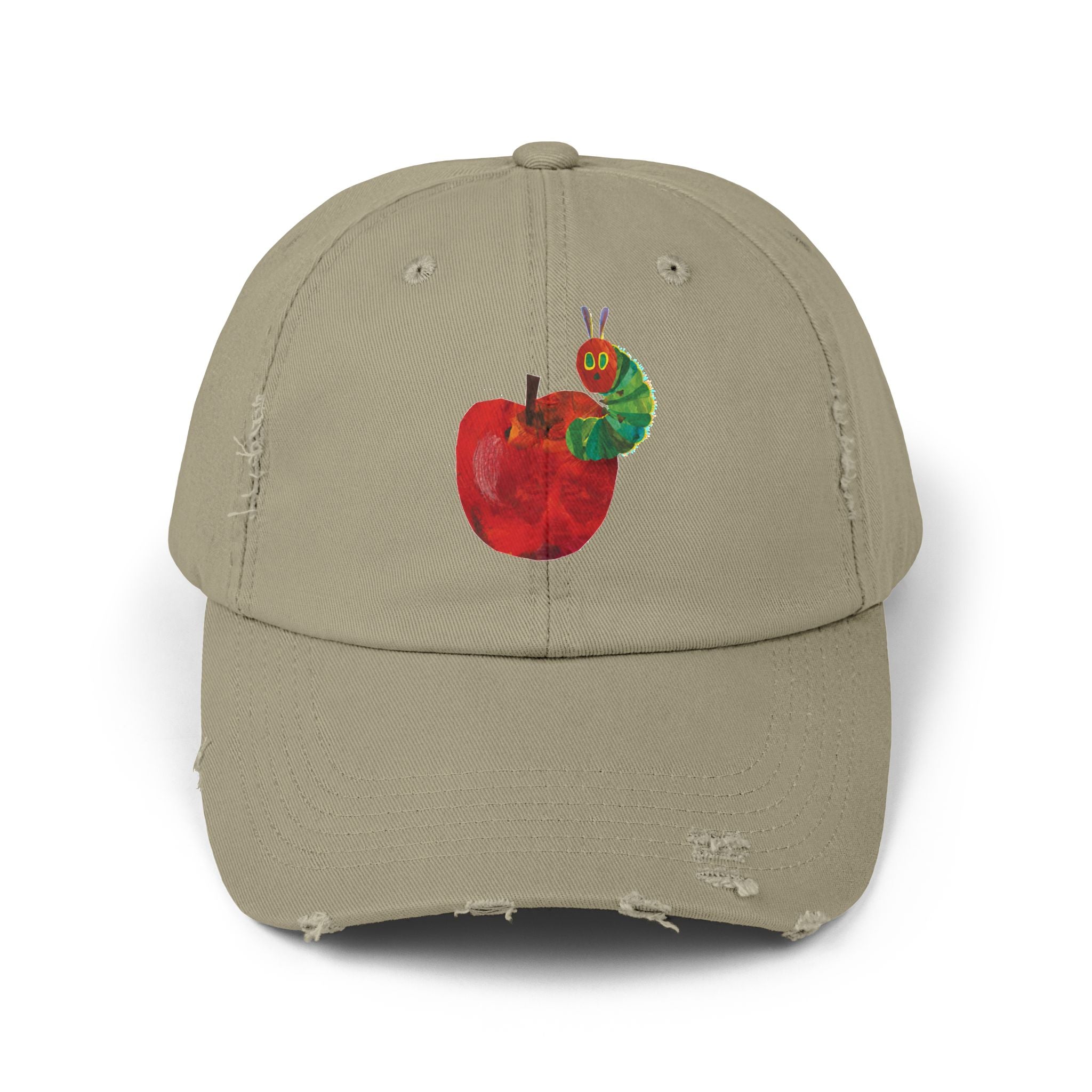 Distressed Cap • Watercolor Caterpillar on Apple Hat — Cute Kids & Adult Storybook Baseball Cap
