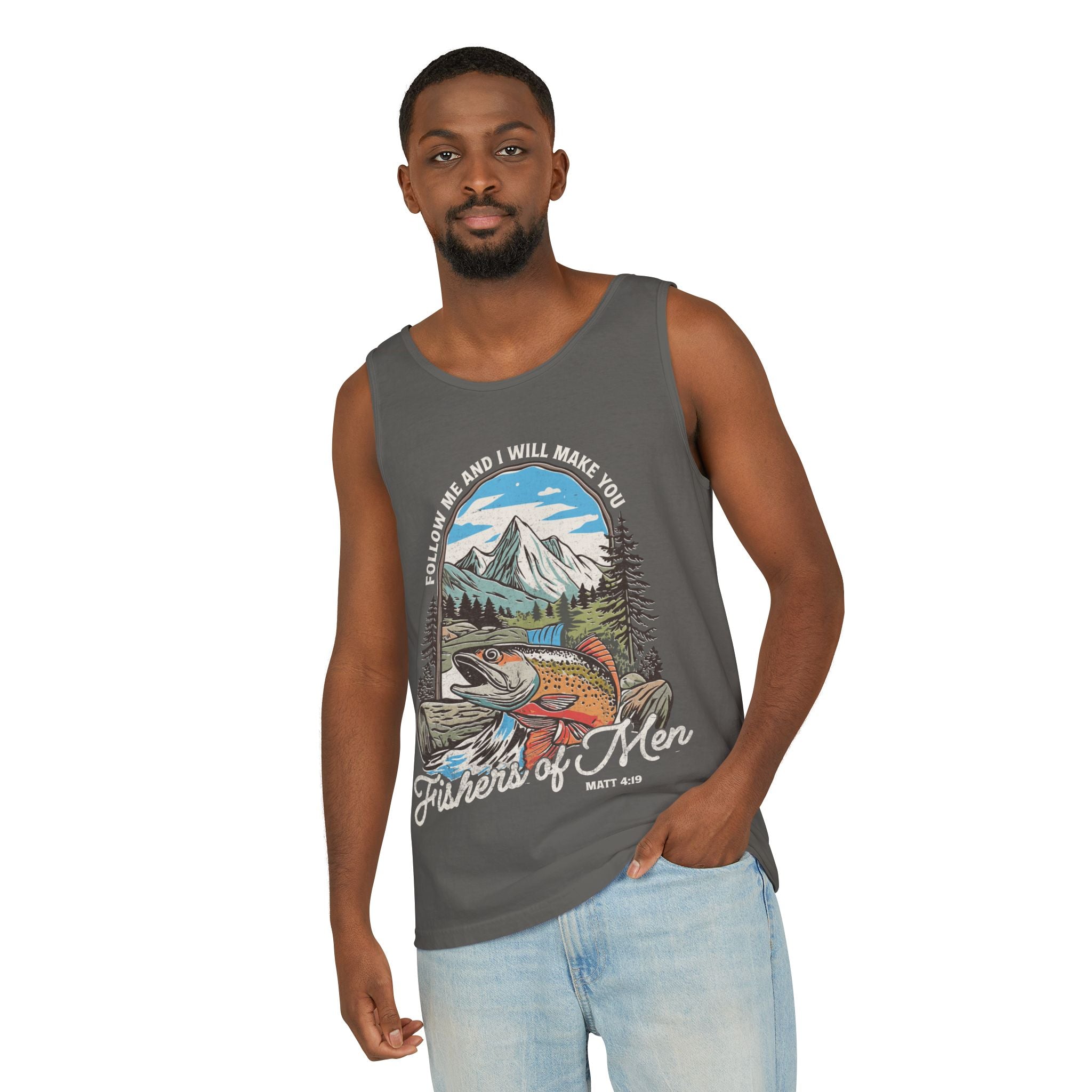 Fishers of Men Tank Top — Christian Fishing Graphic Tank ("Follow Me and I Will Make You" Matthew 4:19)