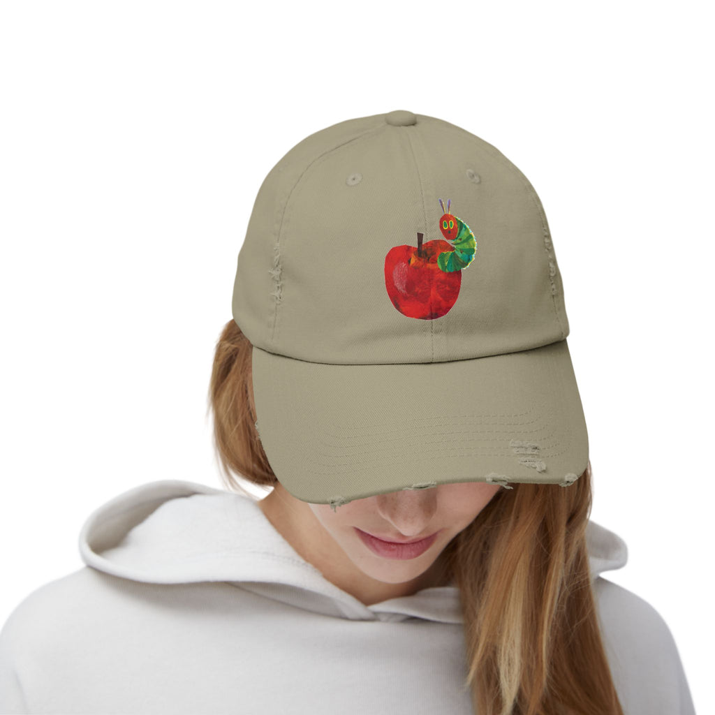 Distressed Cap • Watercolor Caterpillar on Apple Hat — Cute Kids & Adult Storybook Baseball Cap