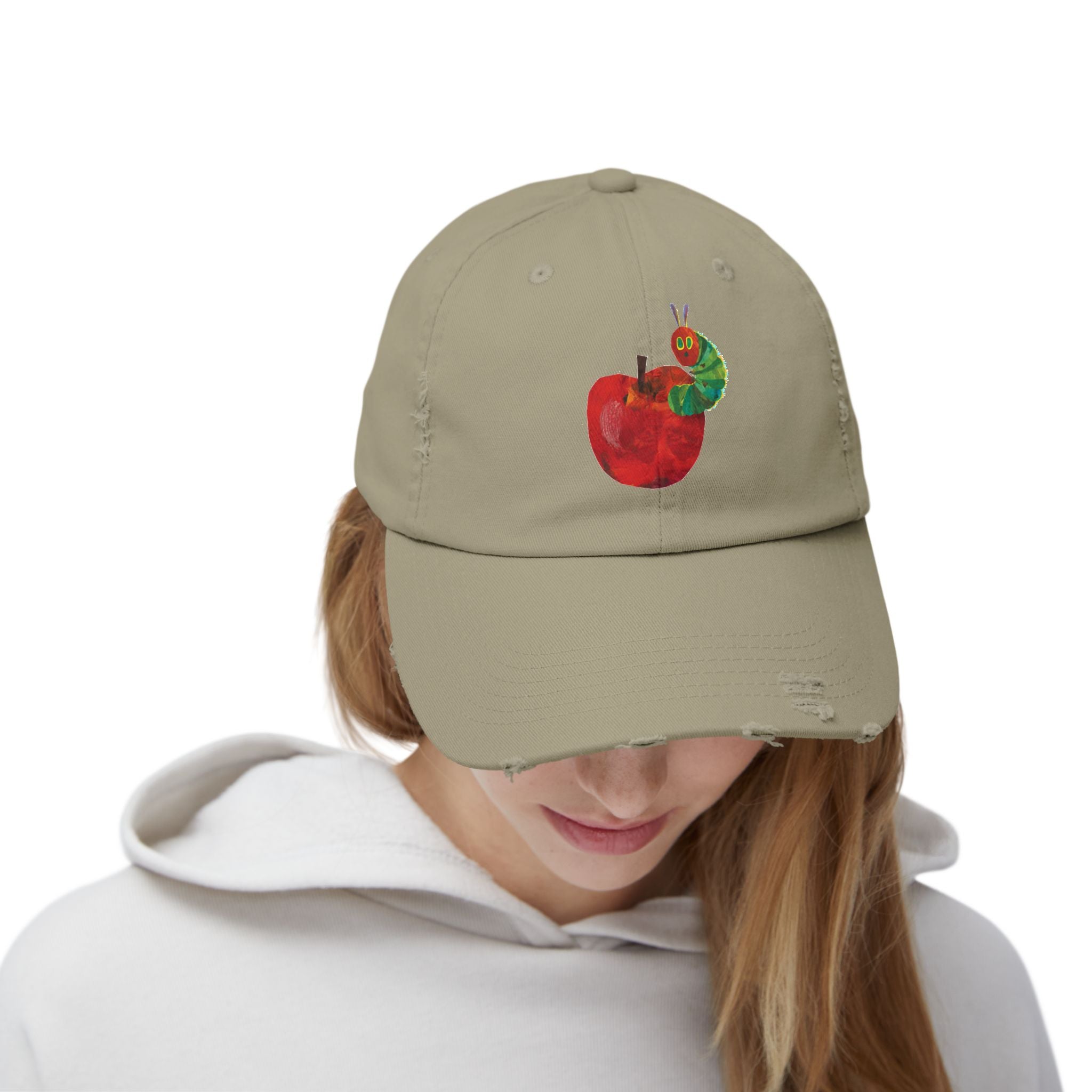Distressed Cap • Watercolor Caterpillar on Apple Hat — Cute Kids & Adult Storybook Baseball Cap