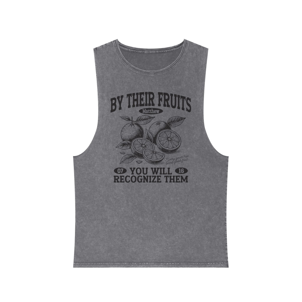 Tank Top — "By Their Fruits You Will Recognize Them" Vintage Stonewash Graphic