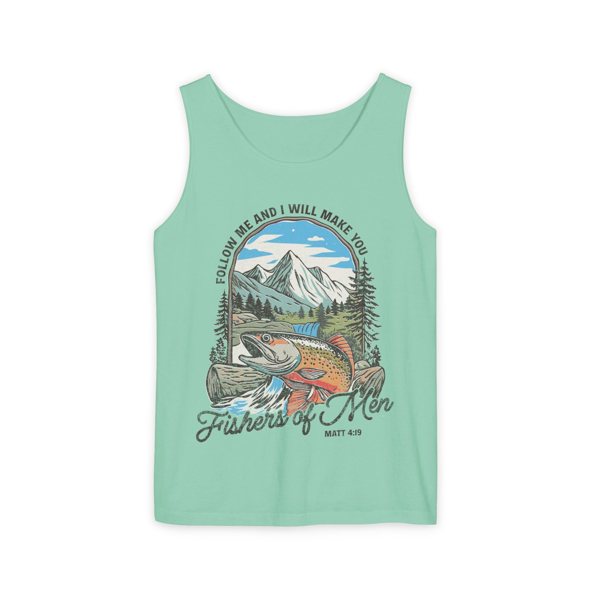 Fishers of Men Tank Top — Christian Fishing Graphic Tank ("Follow Me and I Will Make You" Matthew 4:19)