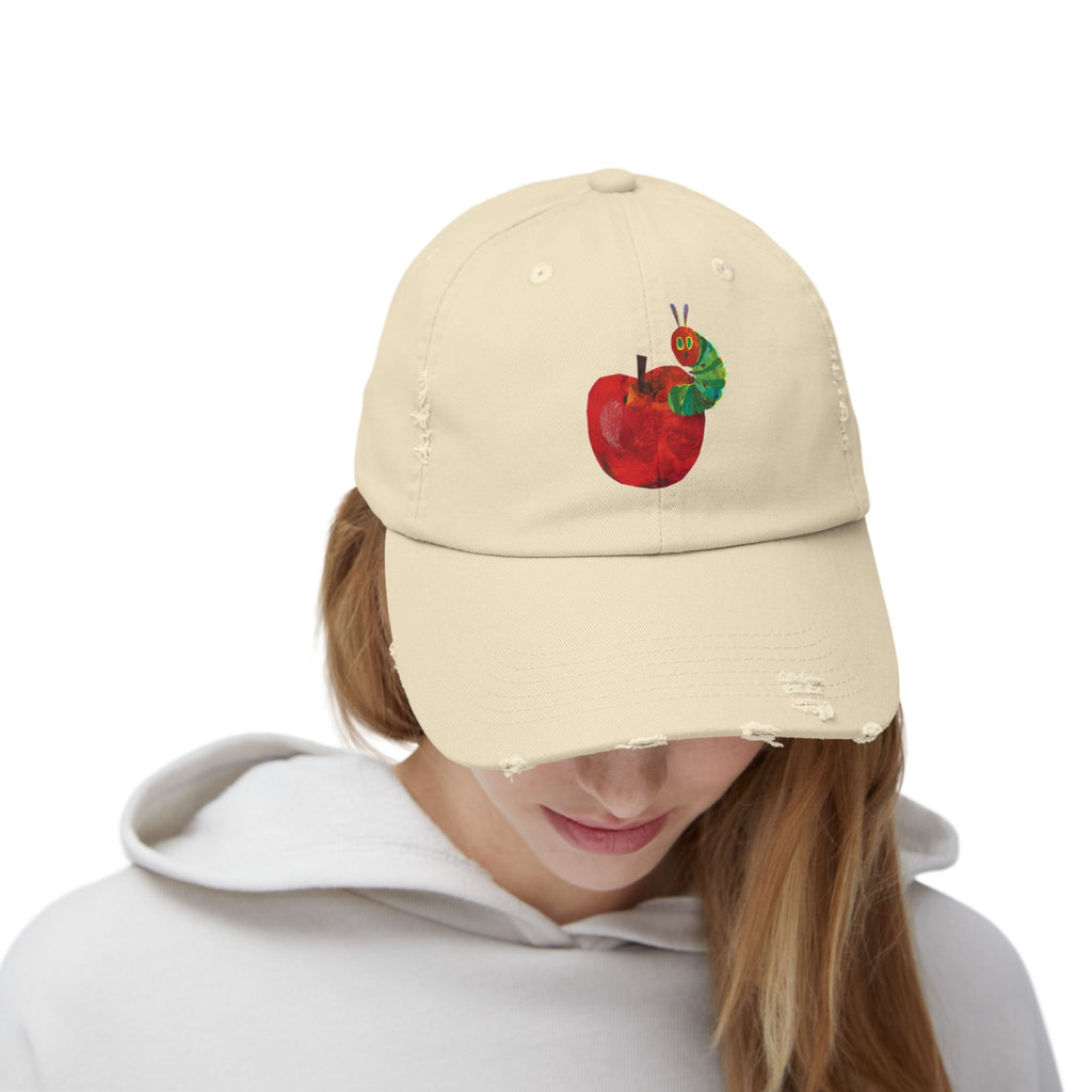 Distressed Cap • Watercolor Caterpillar on Apple Hat — Cute Kids & Adult Storybook Baseball Cap