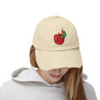 Distressed Cap • Watercolor Caterpillar on Apple Hat — Cute Kids & Adult Storybook Baseball Cap