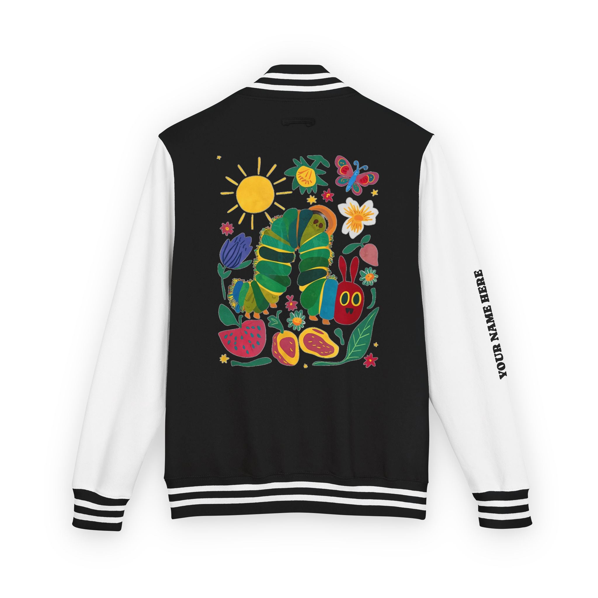 Custom Gift - Letterman Jacket for Teacher — Colorful "Very Hungry Caterpillar" Garden Back Patch