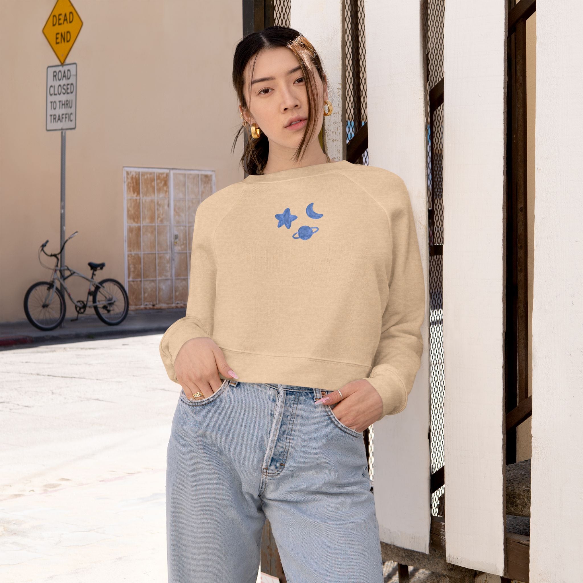Cropped Pullover — Minimal Gold Moon, Star & Planet Graphic
