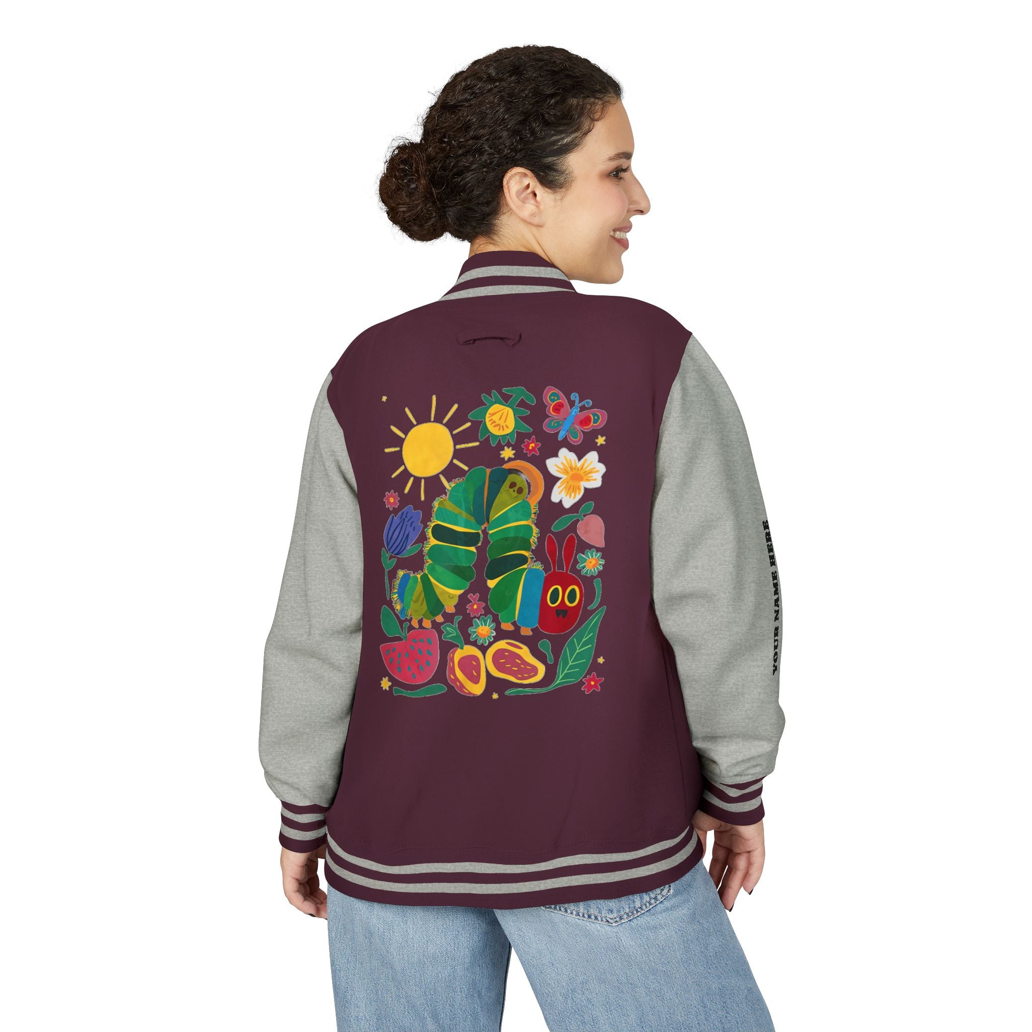 Custom Gift - Letterman Jacket for Teacher — Colorful "Very Hungry Caterpillar" Garden Back Patch