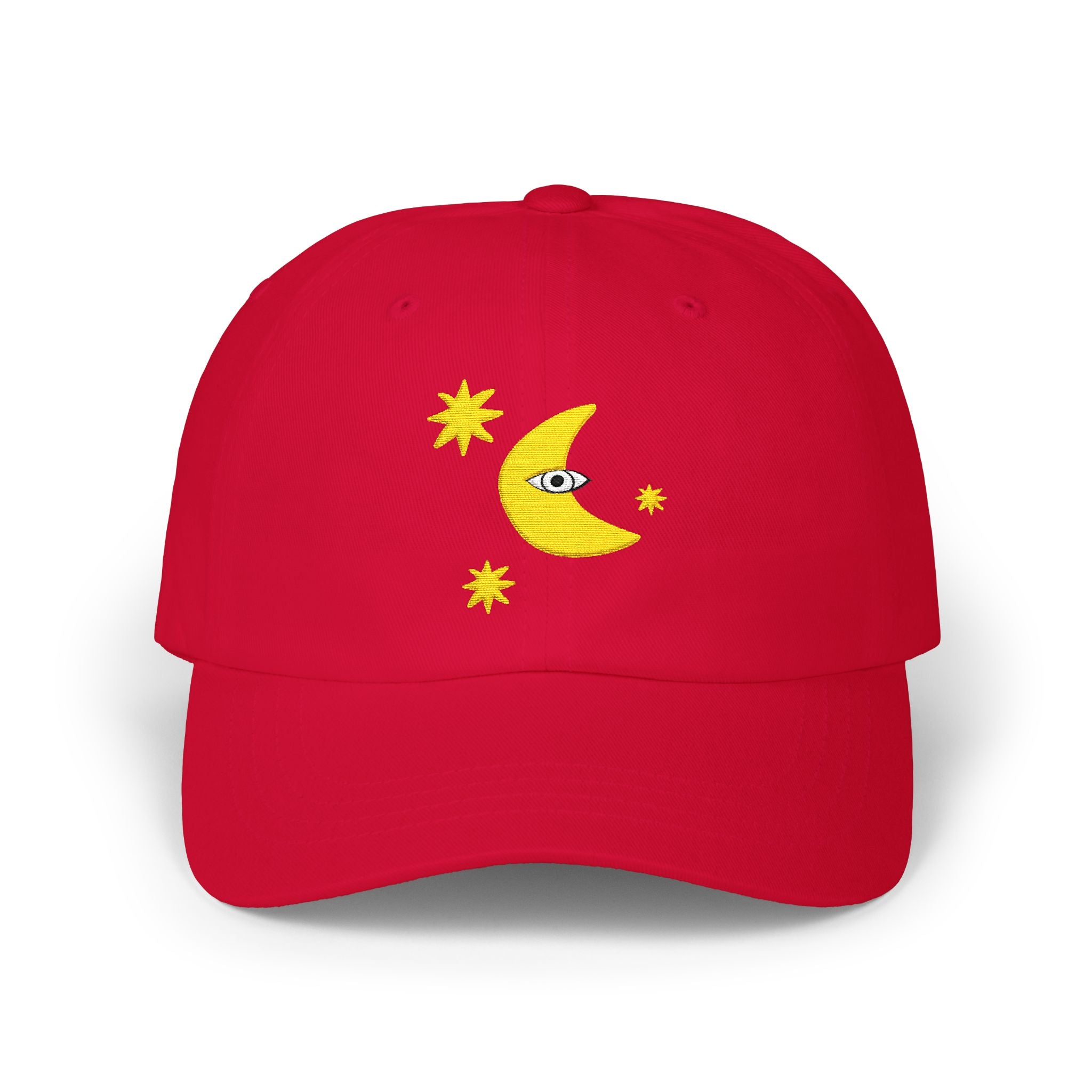 Moon Eye Dad Cap — Embroidered Crescent Moon & Stars Baseball Hat