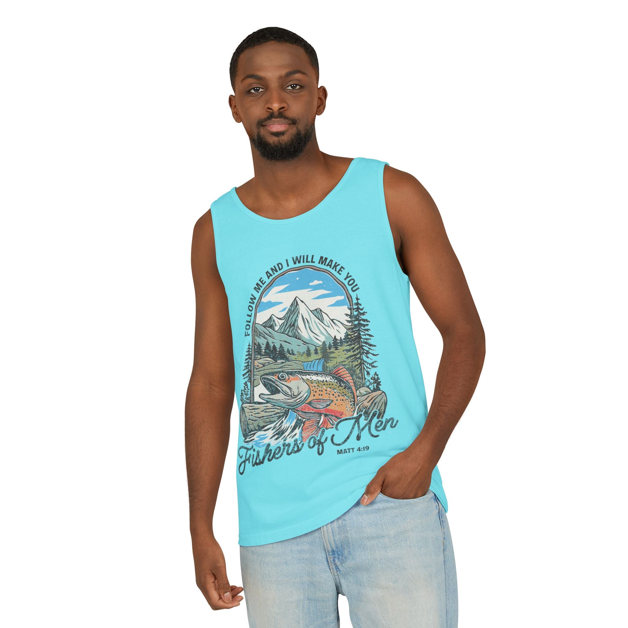 Fishers of Men Tank Top — Christian Fishing Graphic Tank ("Follow Me and I Will Make You" Matthew 4:19)