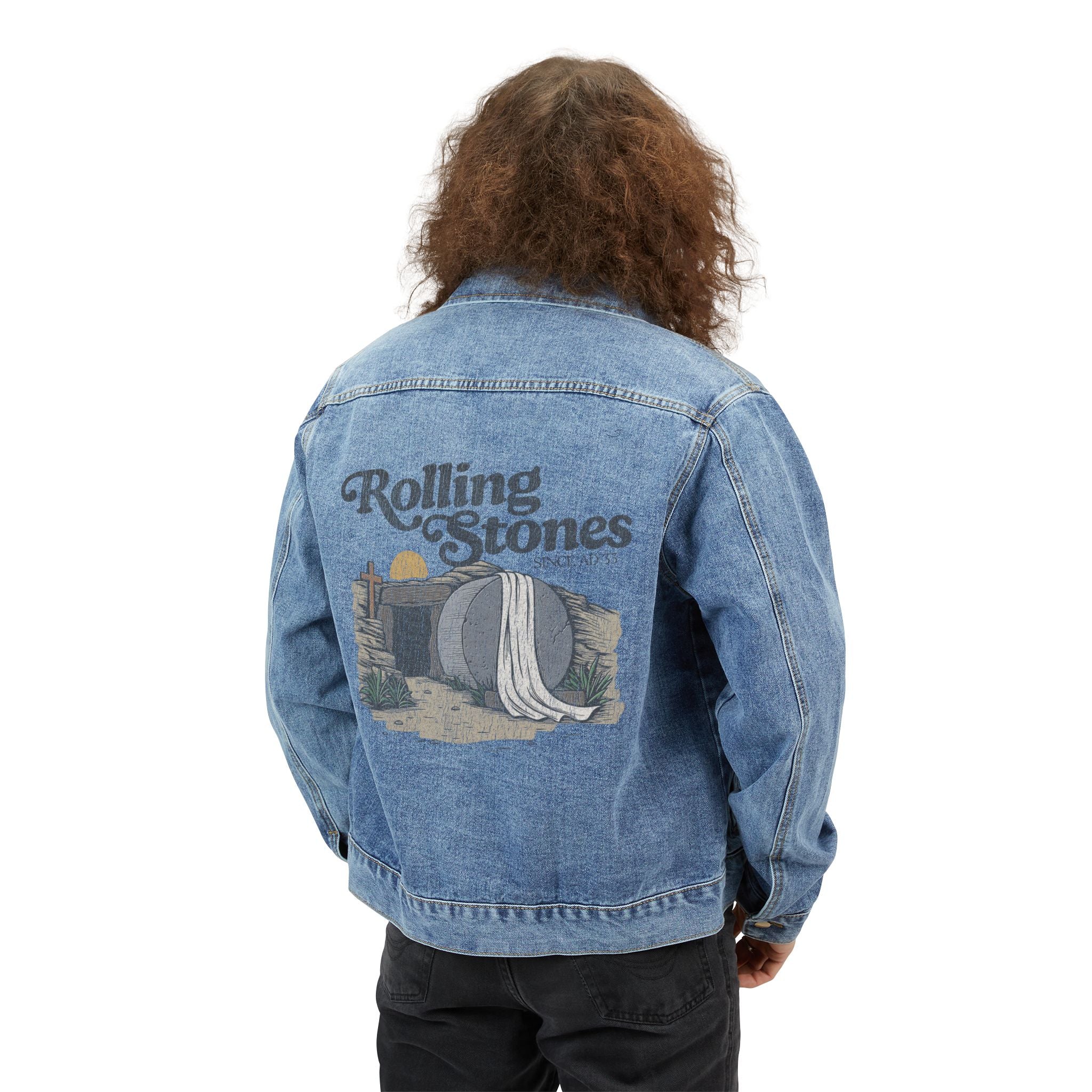 Spiritual Jacket - Christian Rolling Stones Vintage Backprint Denim Jacket — Men’s Rock Band Jean Jacket