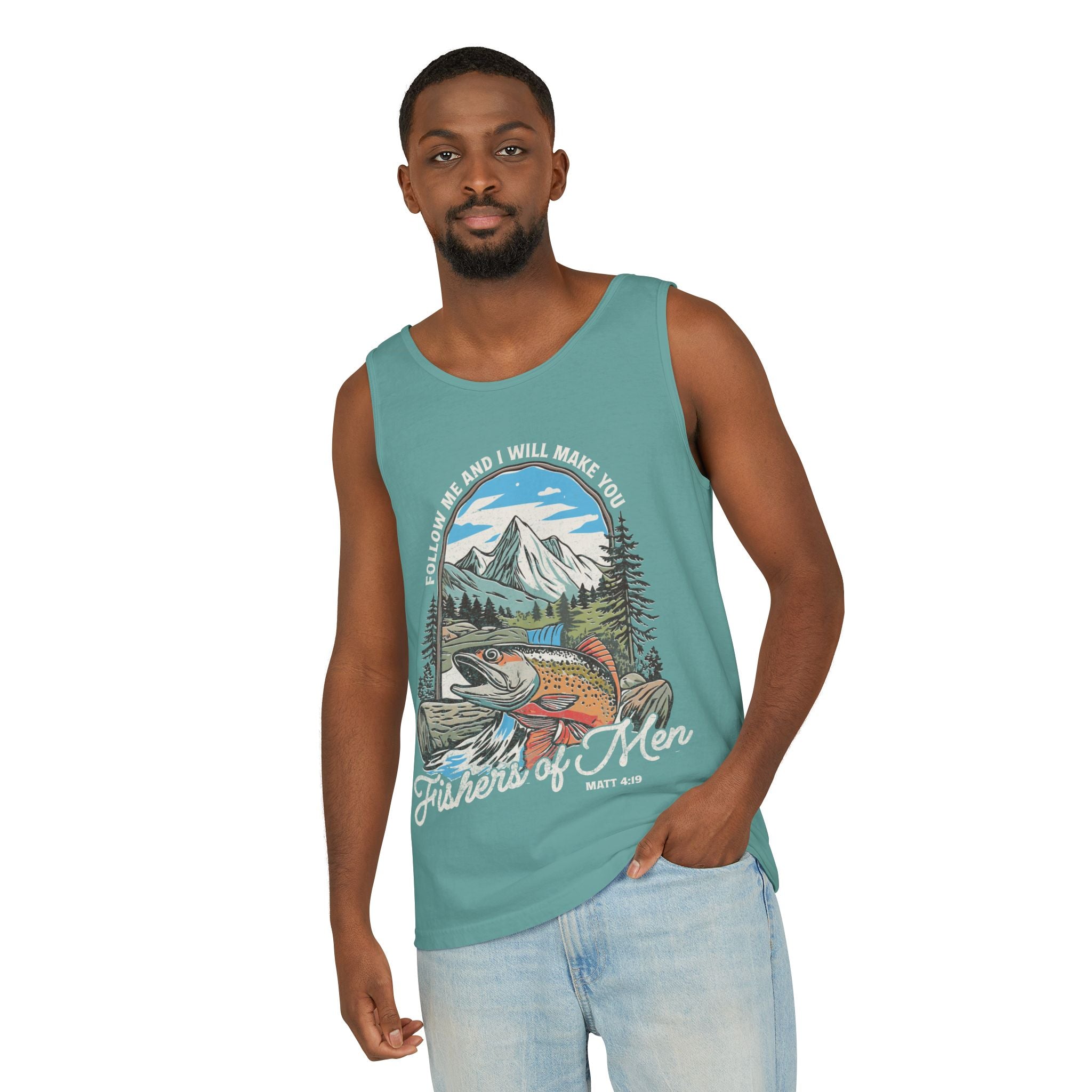 Fishers of Men Tank Top — Christian Fishing Graphic Tank ("Follow Me and I Will Make You" Matthew 4:19)