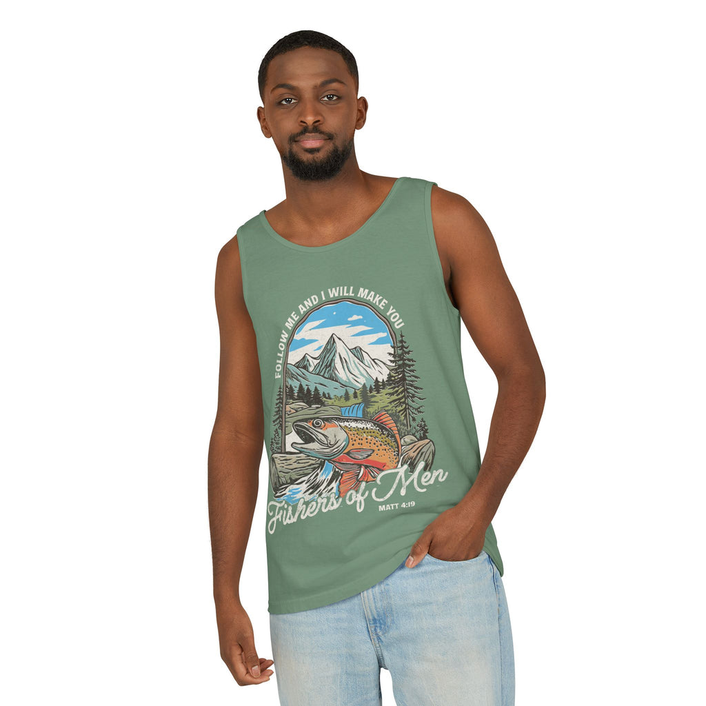 Fishers of Men Tank Top — Christian Fishing Graphic Tank ("Follow Me and I Will Make You" Matthew 4:19)