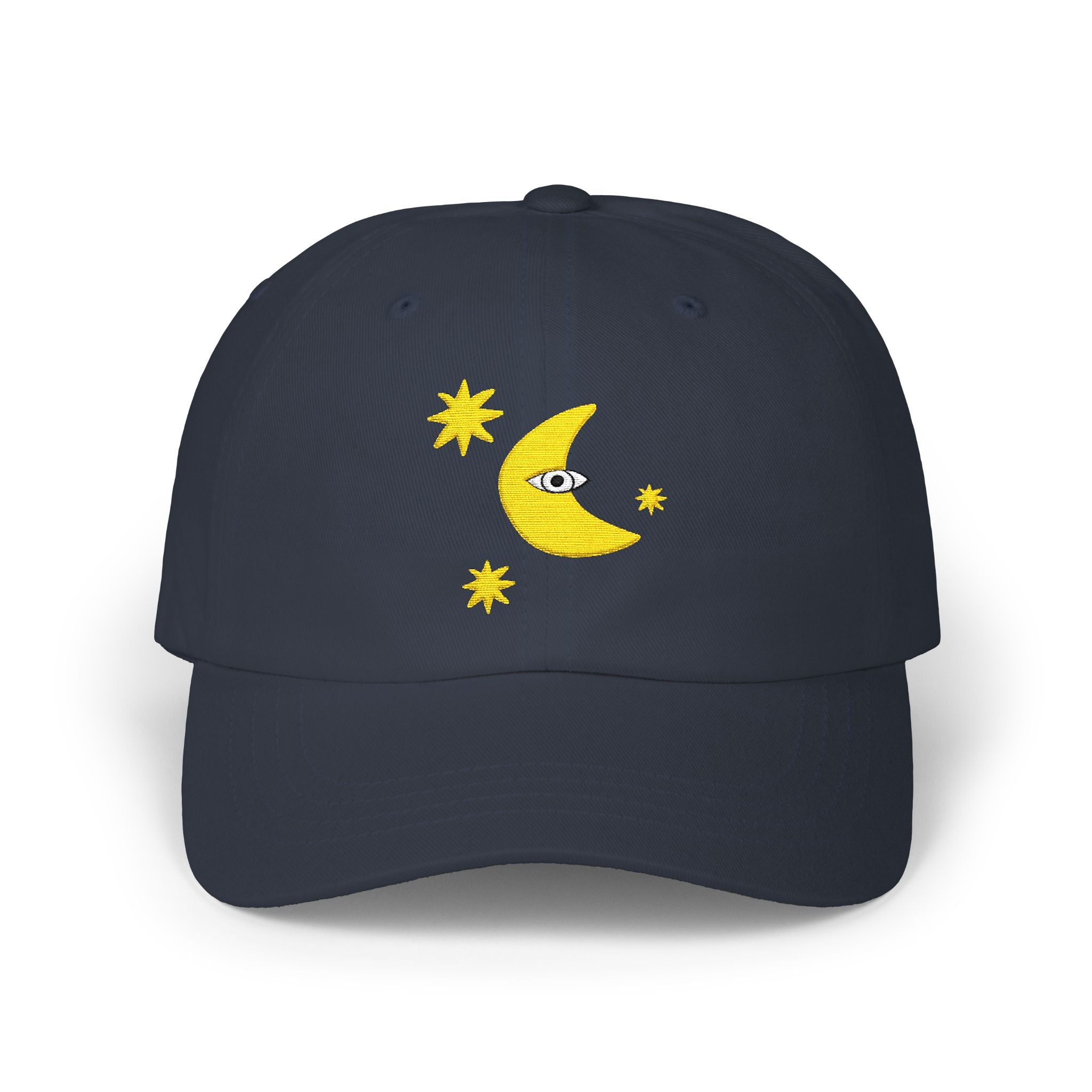 Moon Eye Dad Cap — Embroidered Crescent Moon & Stars Baseball Hat