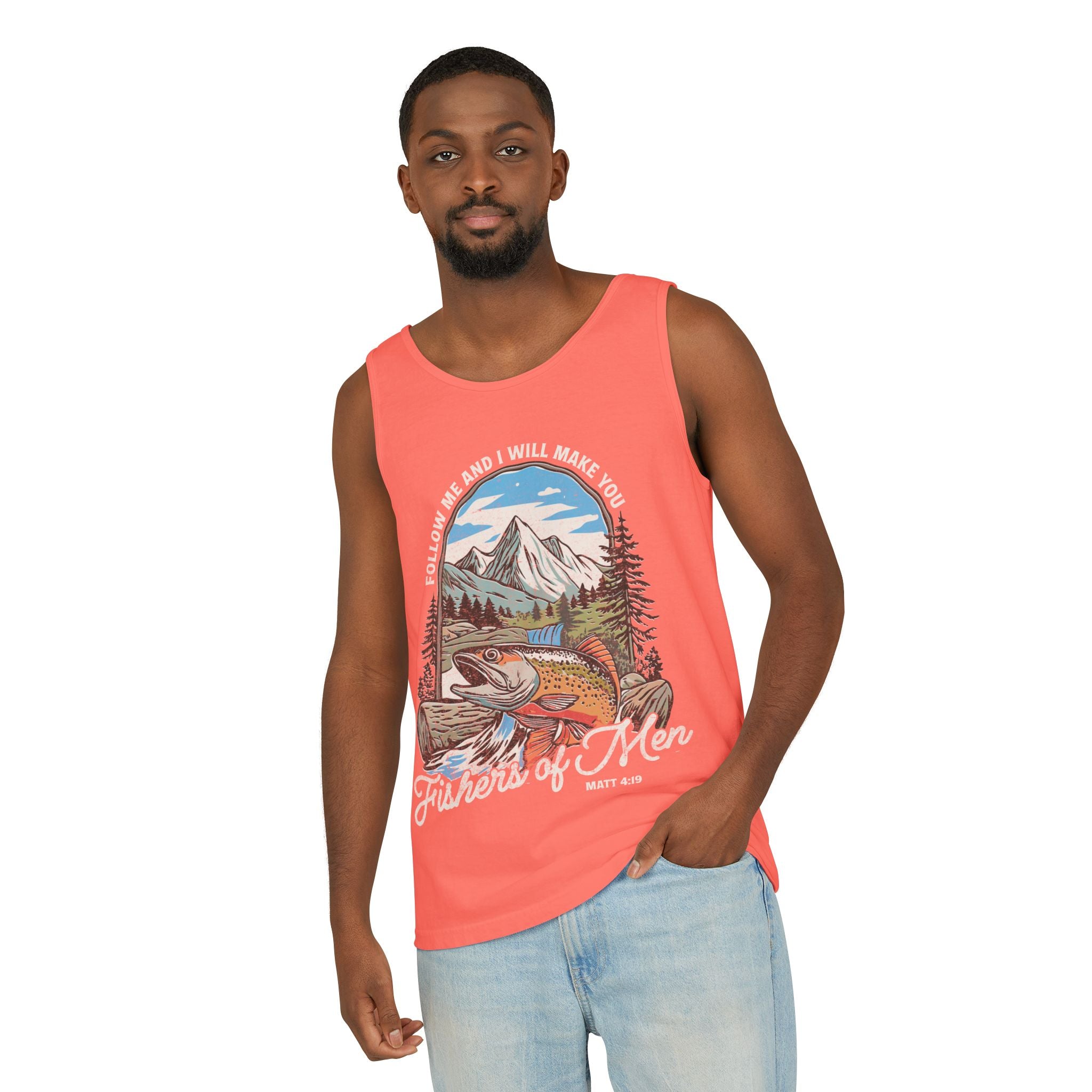 Fishers of Men Tank Top — Christian Fishing Graphic Tank ("Follow Me and I Will Make You" Matthew 4:19)