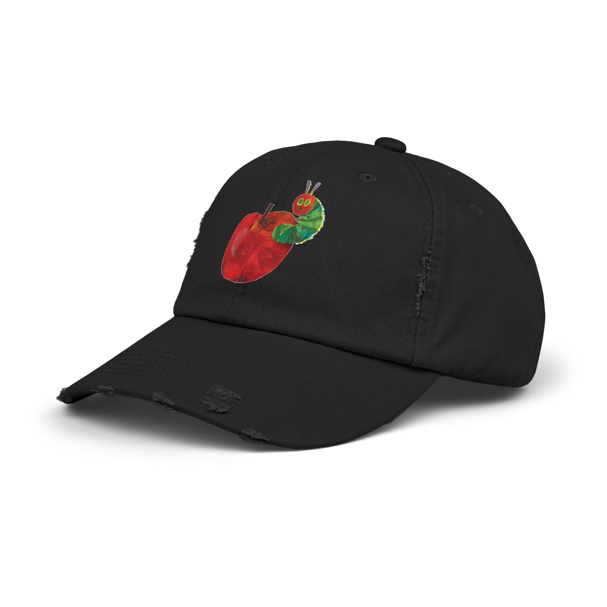 Distressed Cap • Watercolor Caterpillar on Apple Hat — Cute Kids & Adult Storybook Baseball Cap