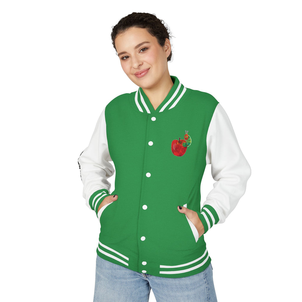 Custom Gift - Letterman Jacket for Teacher — Colorful "Very Hungry Caterpillar" Garden Back Patch