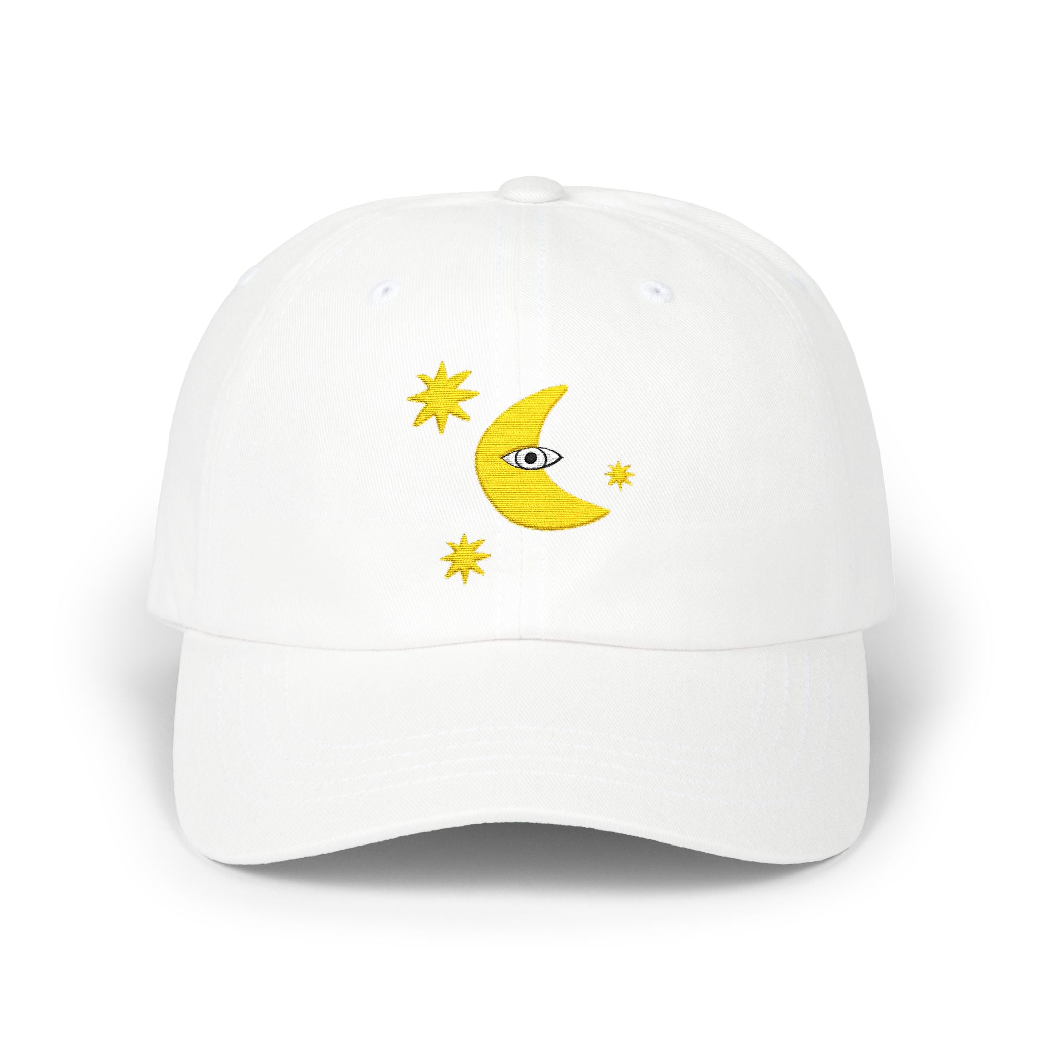 Moon Eye Dad Cap — Embroidered Crescent Moon & Stars Baseball Hat
