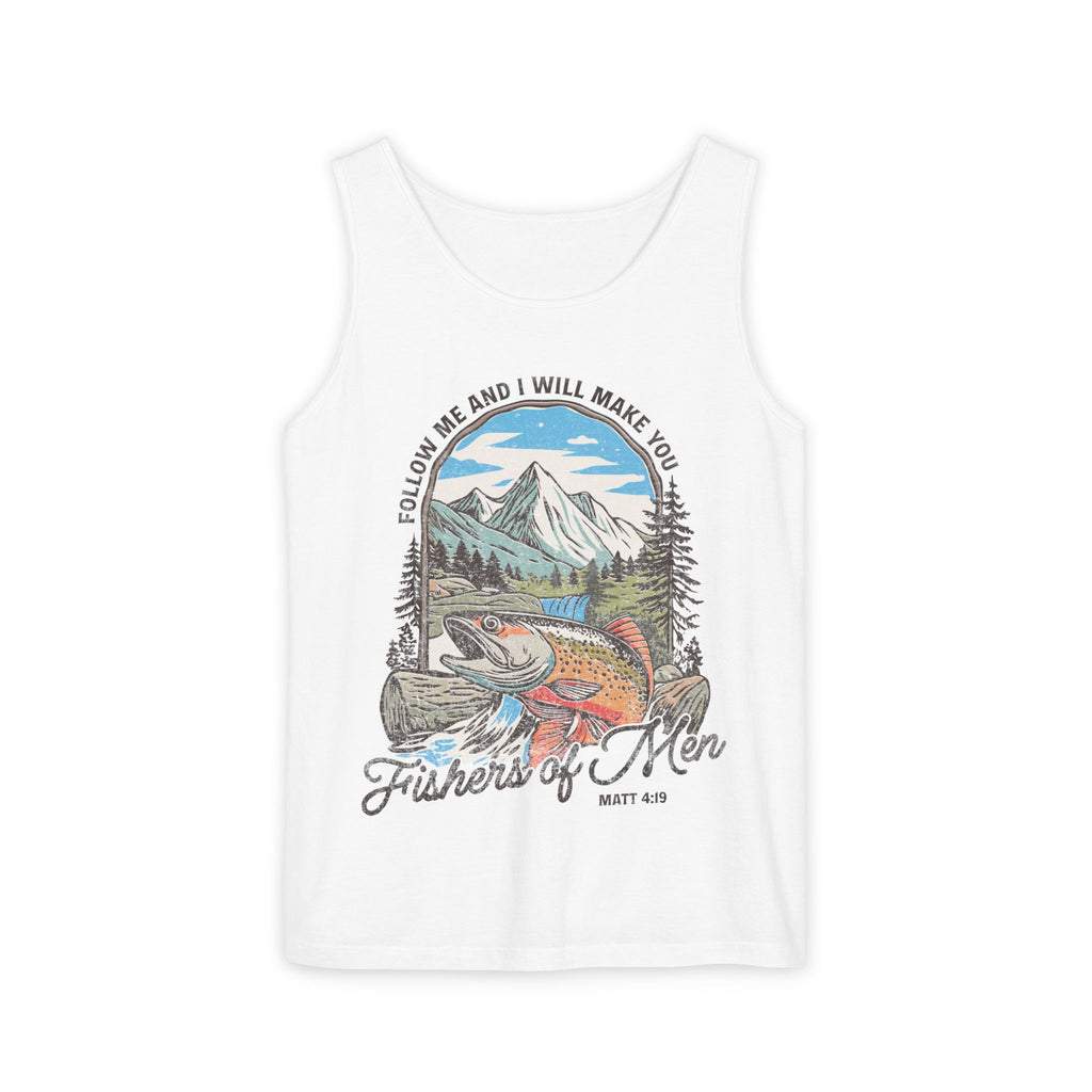 Fishers of Men Tank Top — Christian Fishing Graphic Tank ("Follow Me and I Will Make You" Matthew 4:19)