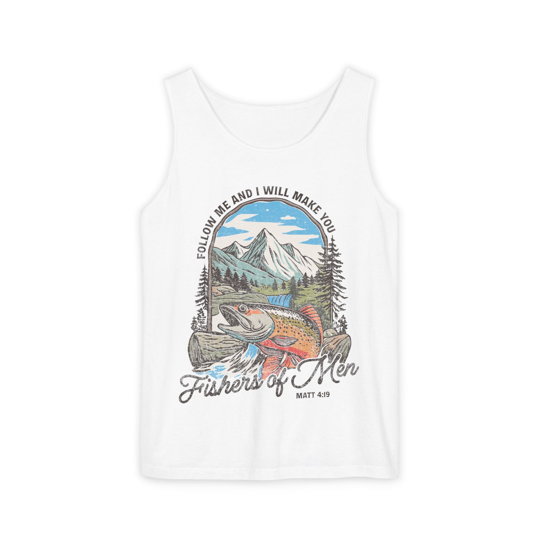 Fishers of Men Tank Top — Christian Fishing Graphic Tank ("Follow Me and I Will Make You" Matthew 4:19)