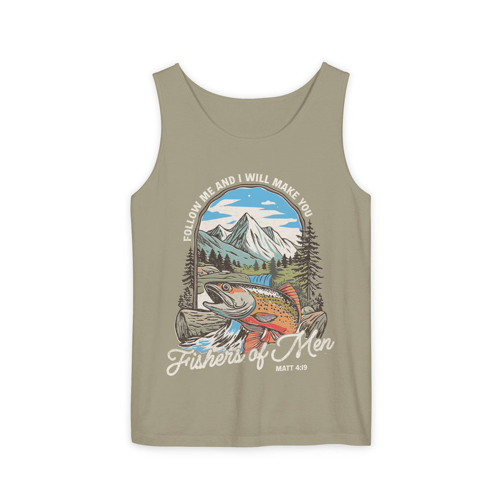 Fishers of Men Tank Top — Christian Fishing Graphic Tank ("Follow Me and I Will Make You" Matthew 4:19)