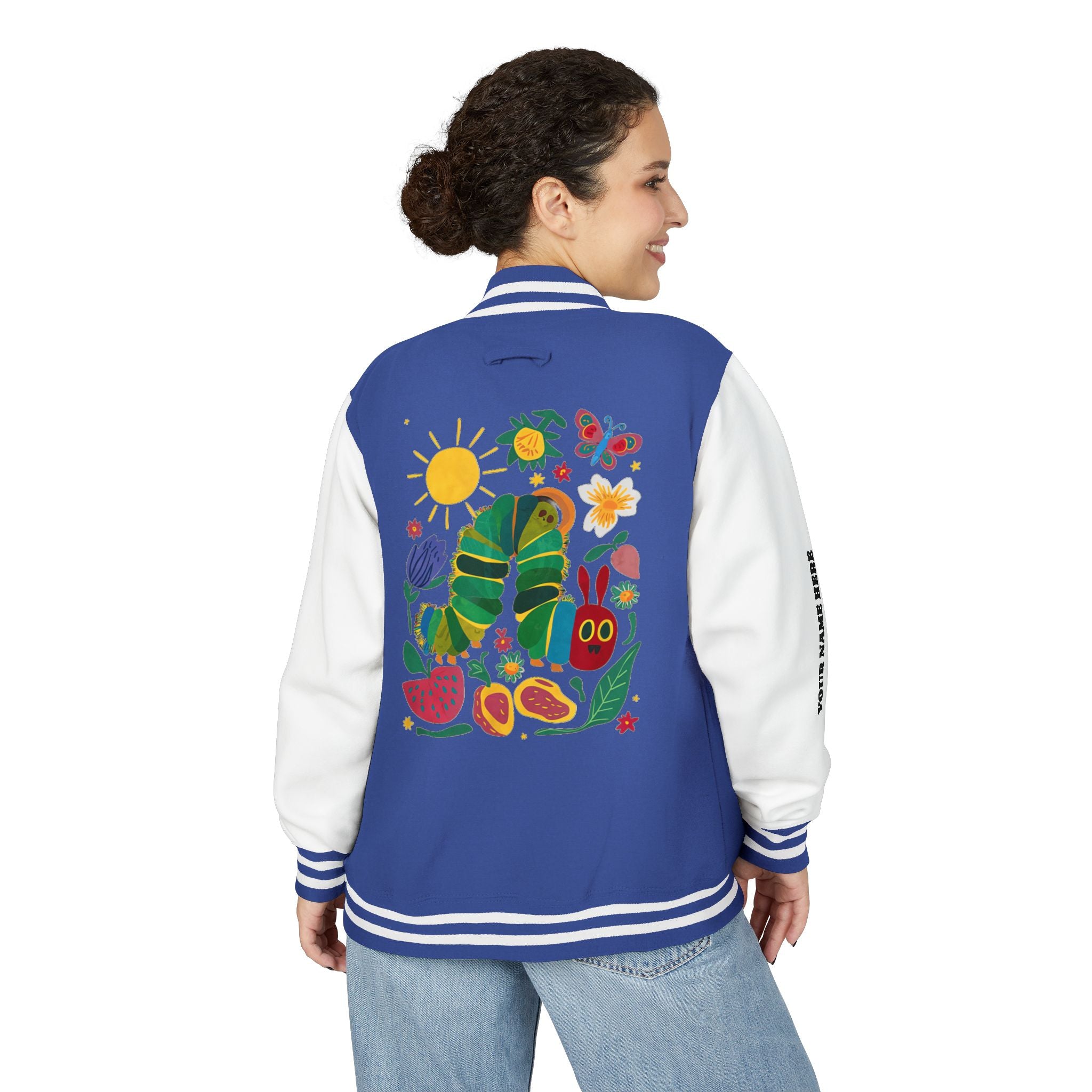 Custom Gift - Letterman Jacket for Teacher — Colorful "Very Hungry Caterpillar" Garden Back Patch