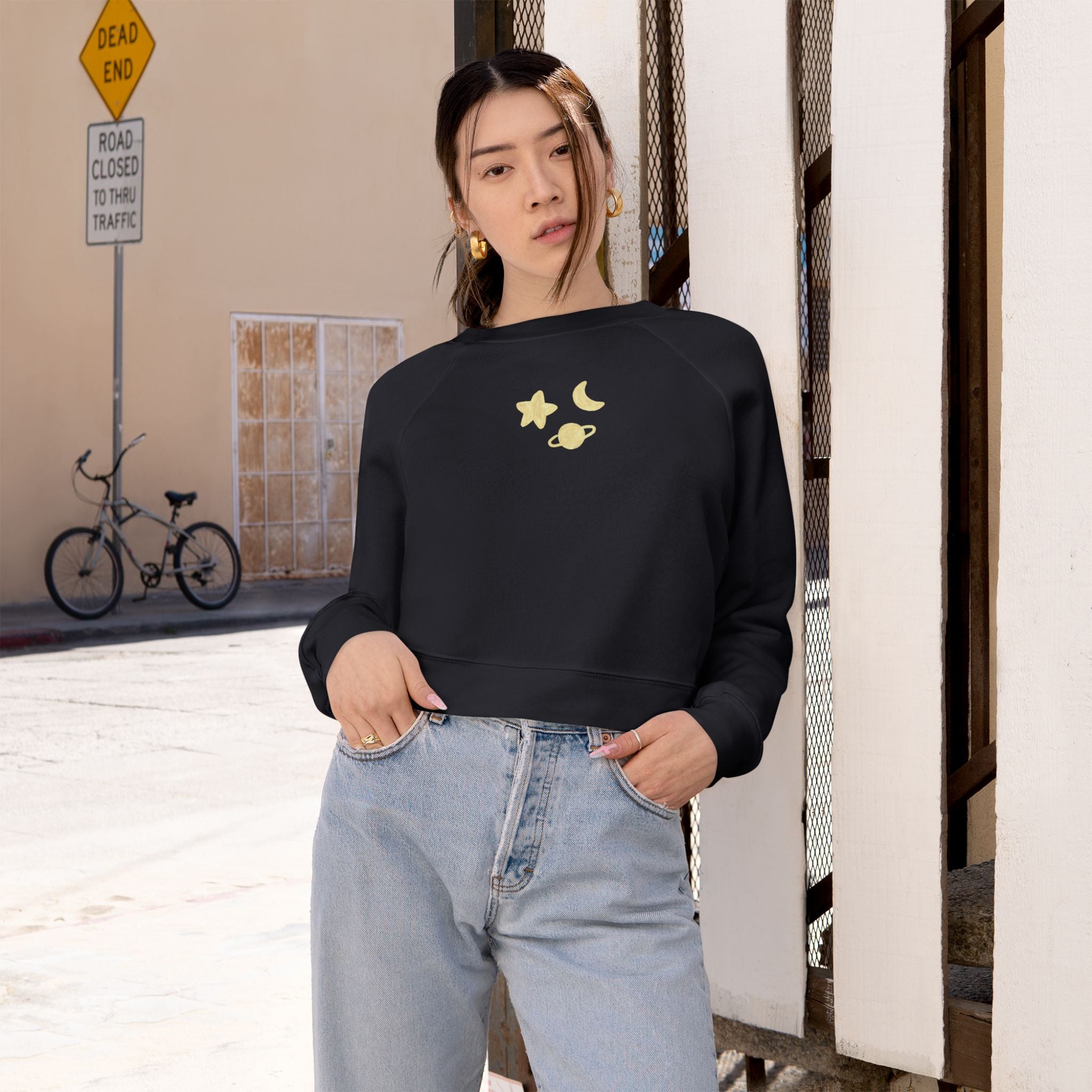 Cropped Pullover — Minimal Gold Moon, Star & Planet Graphic