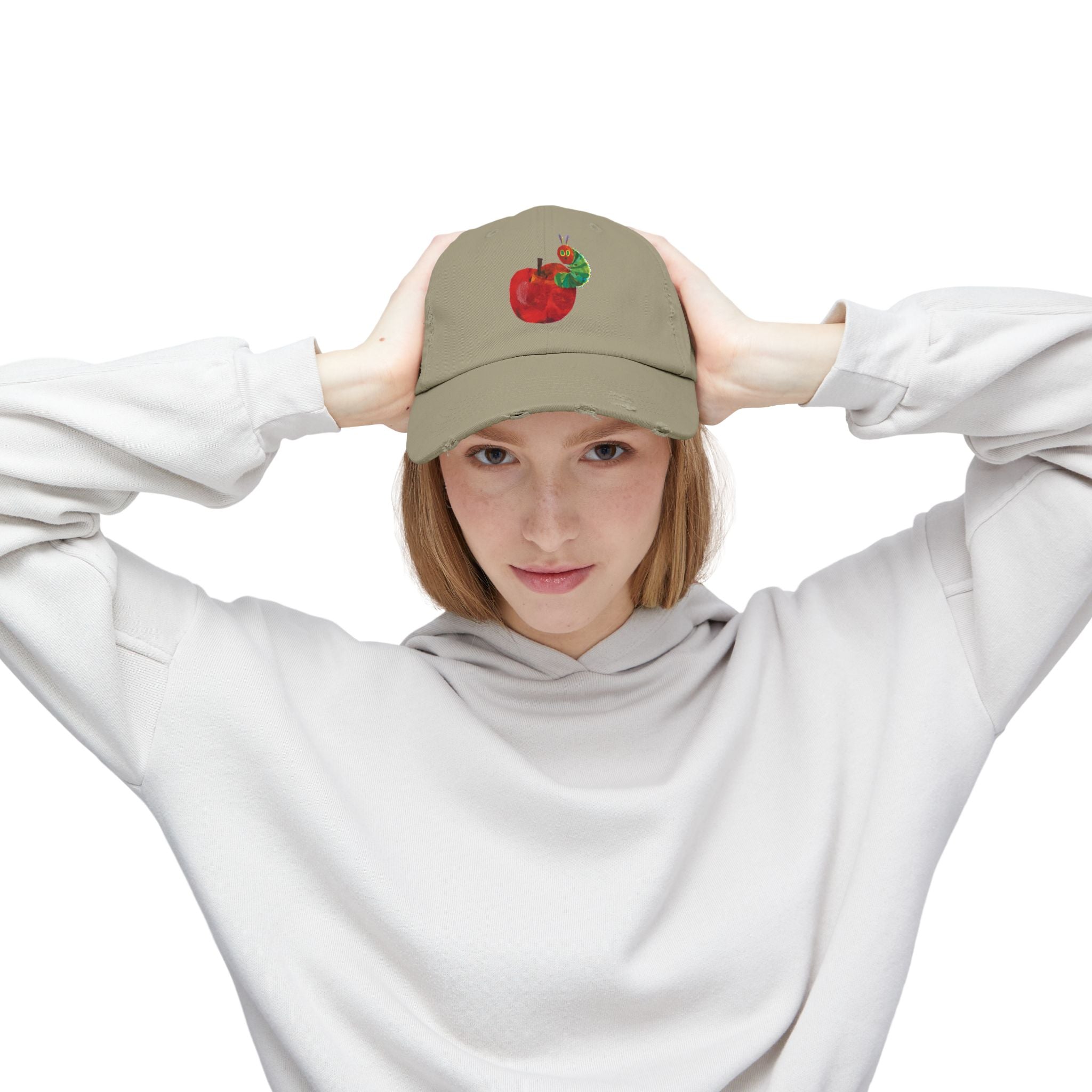 Distressed Cap • Watercolor Caterpillar on Apple Hat — Cute Kids & Adult Storybook Baseball Cap