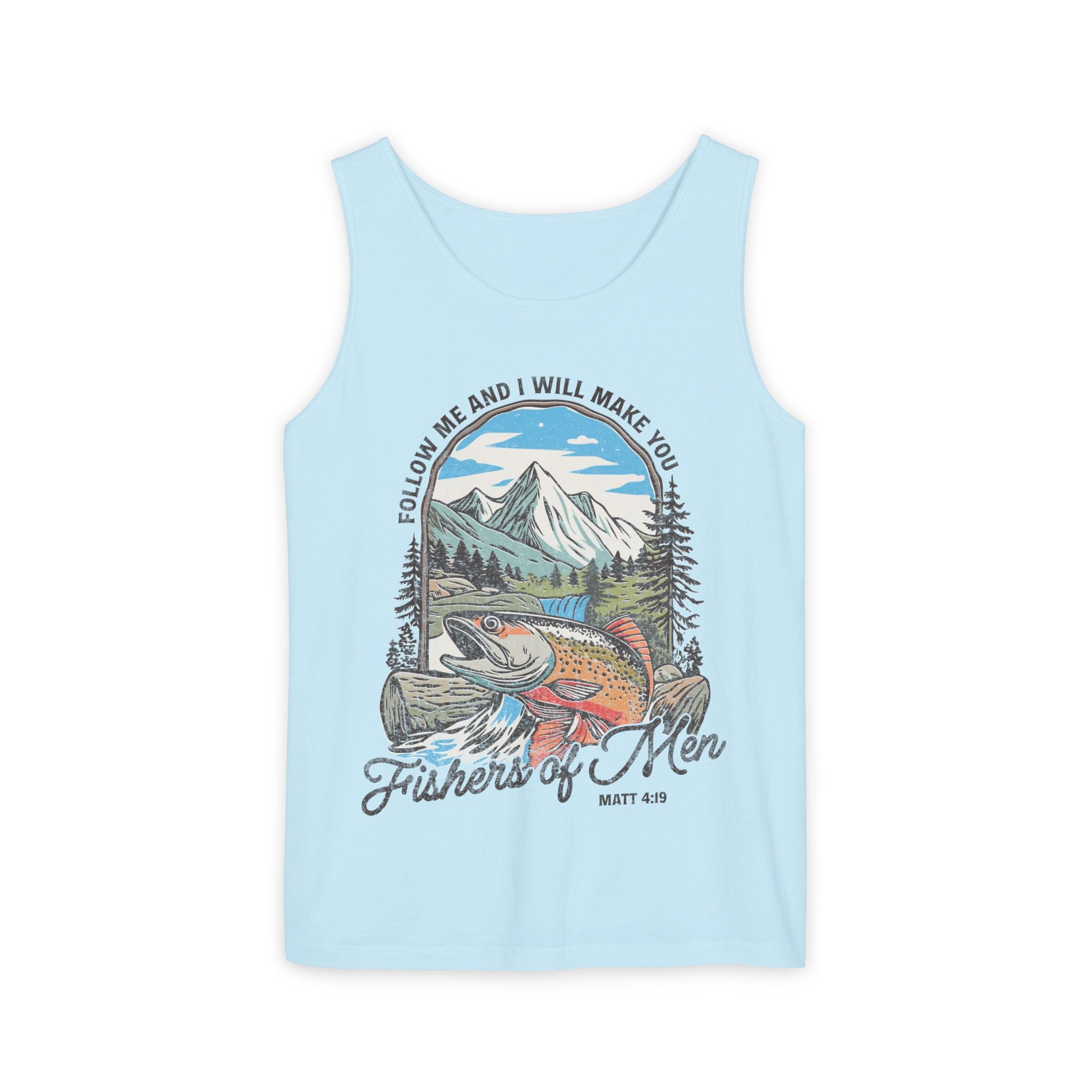 Fishers of Men Tank Top — Christian Fishing Graphic Tank ("Follow Me and I Will Make You" Matthew 4:19)
