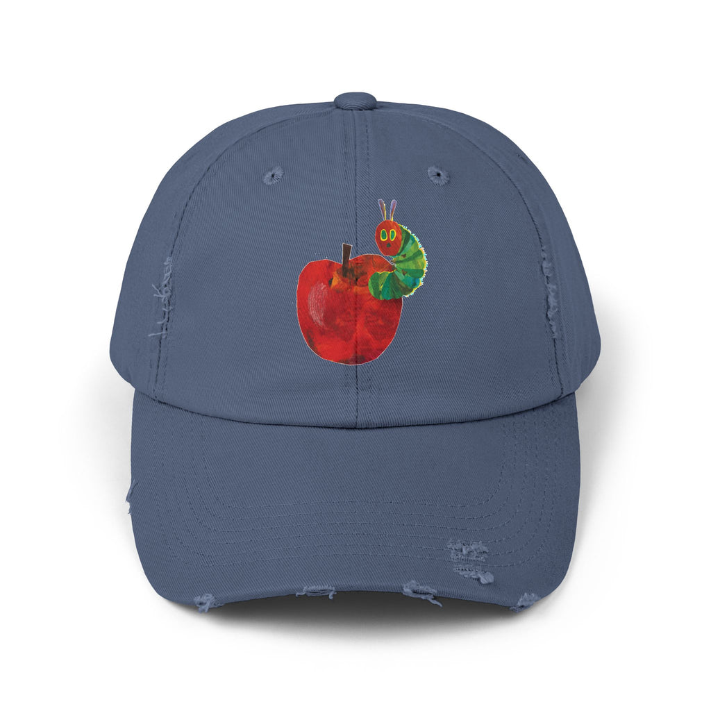 Distressed Cap • Watercolor Caterpillar on Apple Hat — Cute Kids & Adult Storybook Baseball Cap