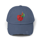 Distressed Cap • Watercolor Caterpillar on Apple Hat — Cute Kids & Adult Storybook Baseball Cap