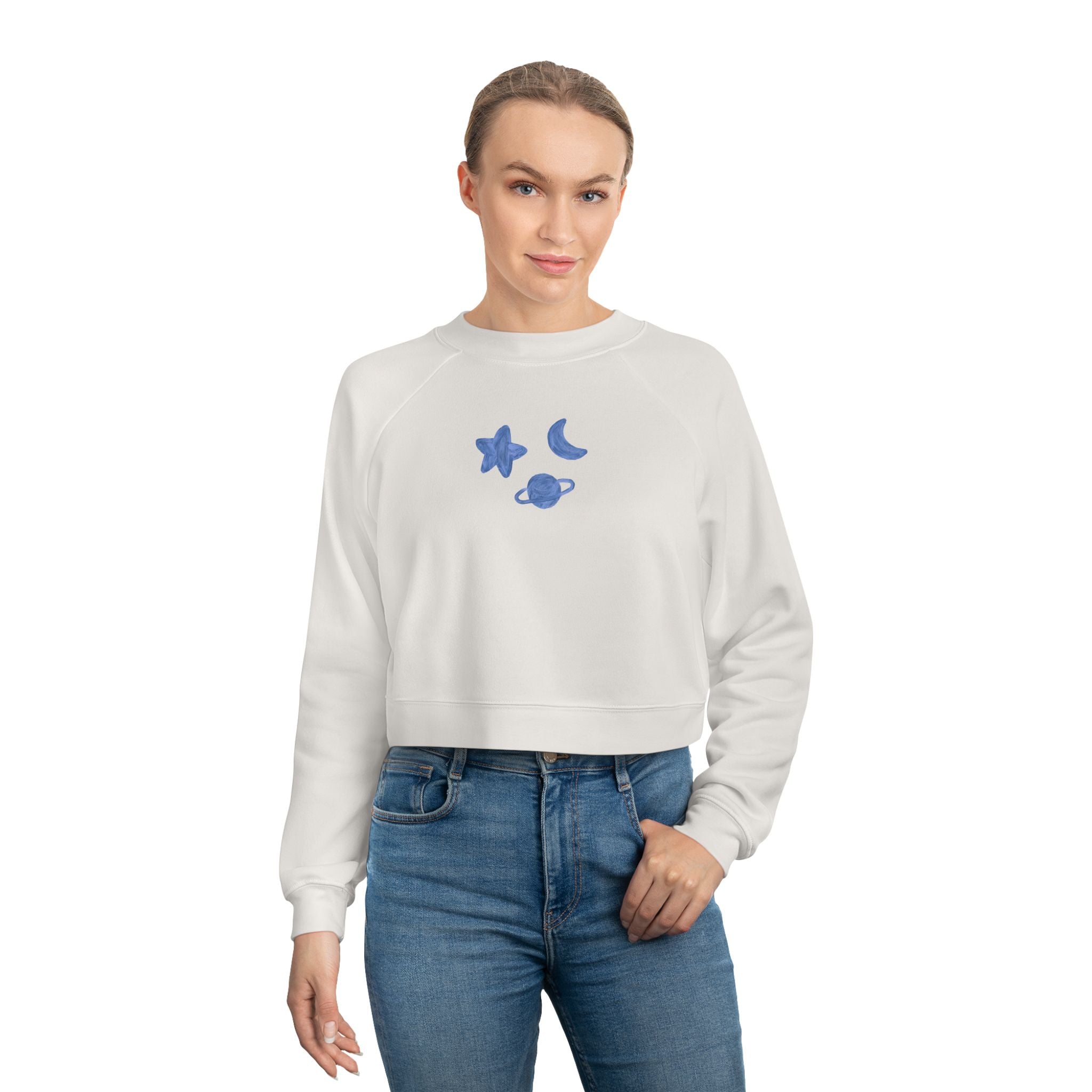 Cropped Pullover — Minimal Gold Moon, Star & Planet Graphic