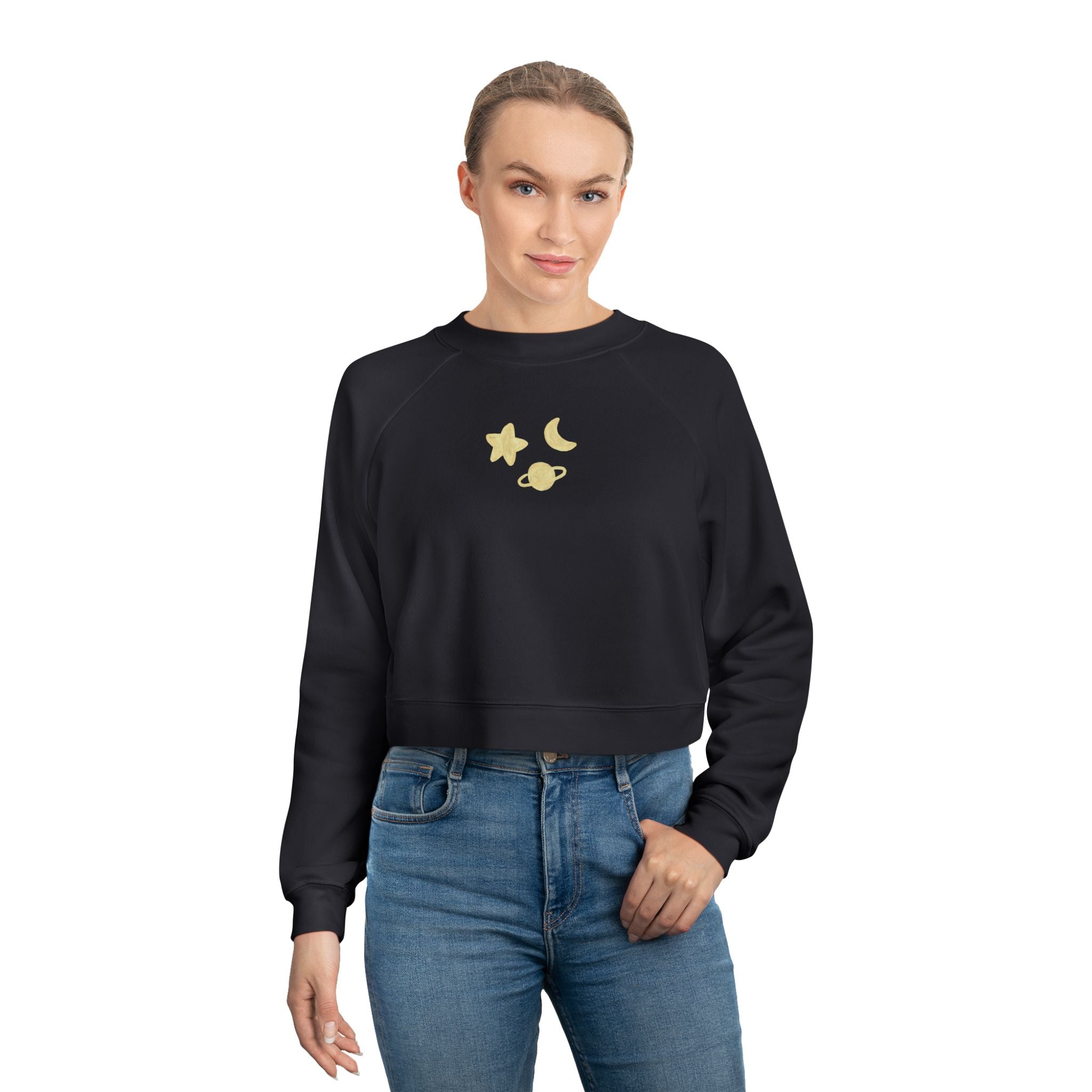 Cropped Pullover — Minimal Gold Moon, Star & Planet Graphic