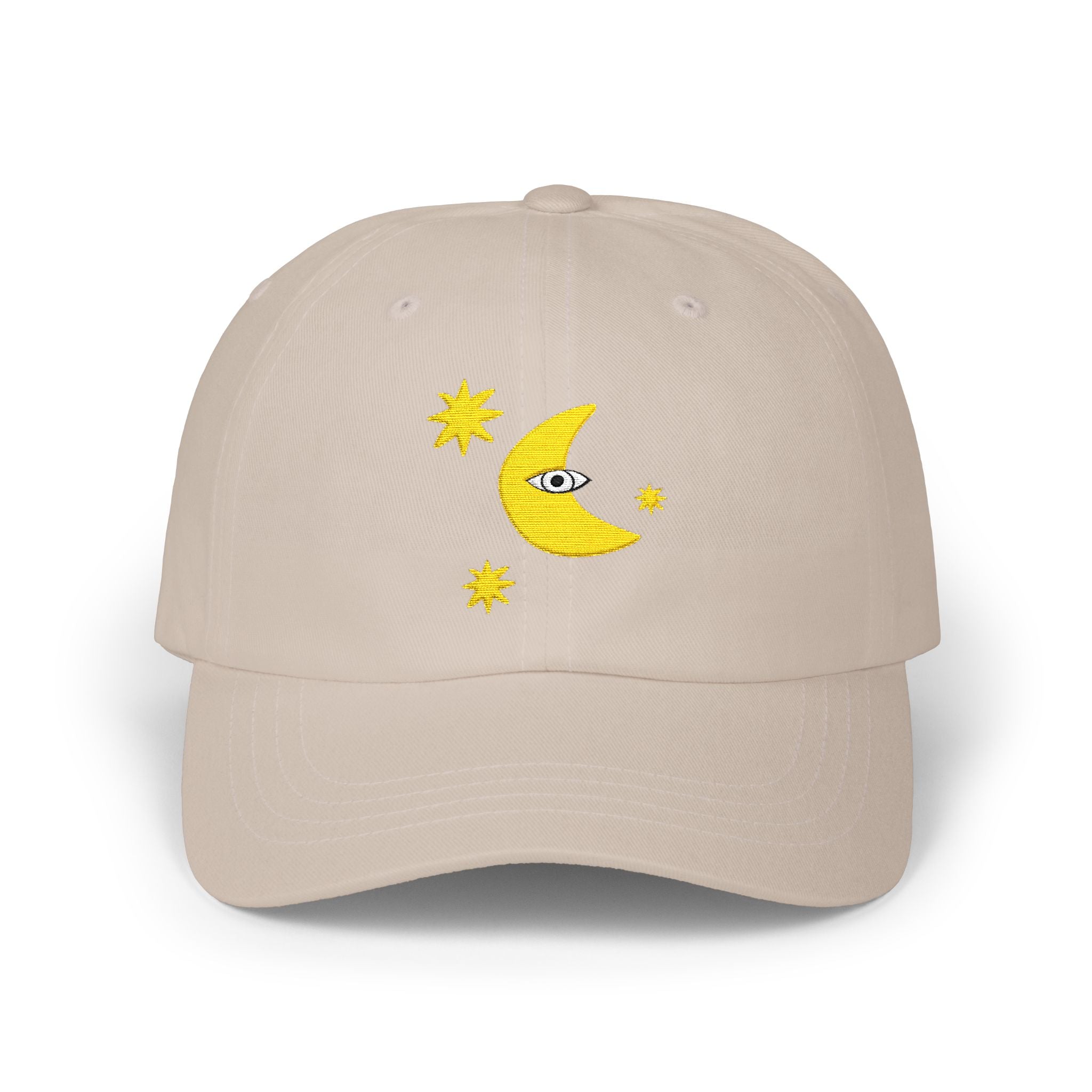 Moon Eye Dad Cap — Embroidered Crescent Moon & Stars Baseball Hat