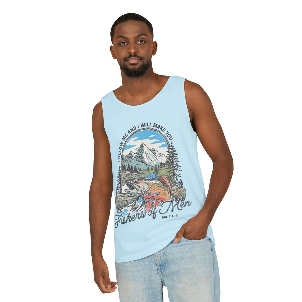 Fishers of Men Tank Top — Christian Fishing Graphic Tank ("Follow Me and I Will Make You" Matthew 4:19)