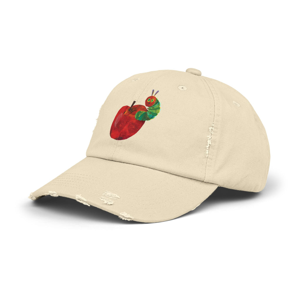 Distressed Cap • Watercolor Caterpillar on Apple Hat — Cute Kids & Adult Storybook Baseball Cap