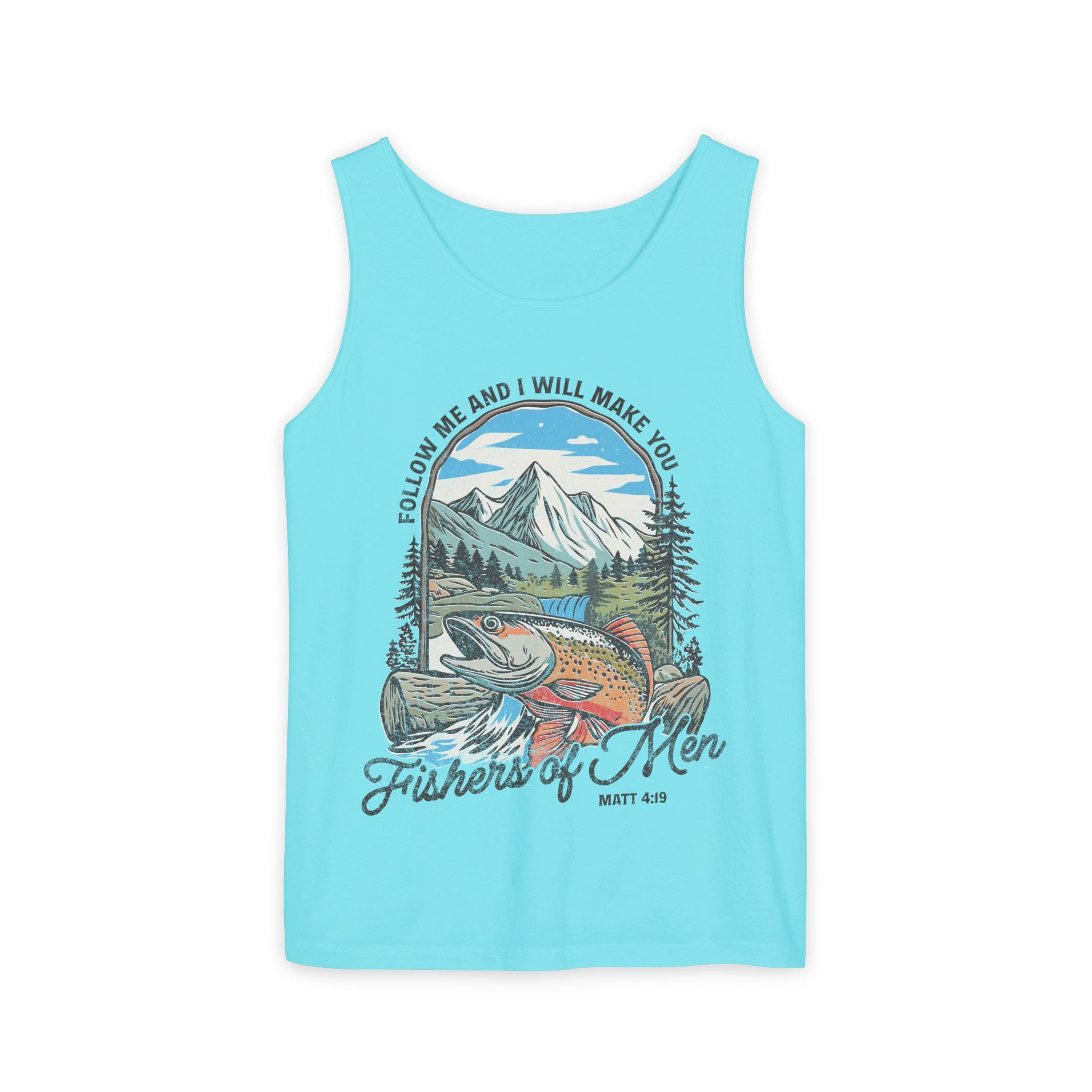 Fishers of Men Tank Top — Christian Fishing Graphic Tank ("Follow Me and I Will Make You" Matthew 4:19)