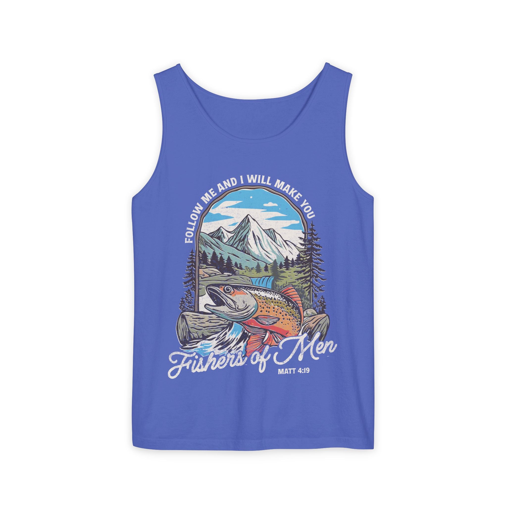 Fishers of Men Tank Top — Christian Fishing Graphic Tank ("Follow Me and I Will Make You" Matthew 4:19)