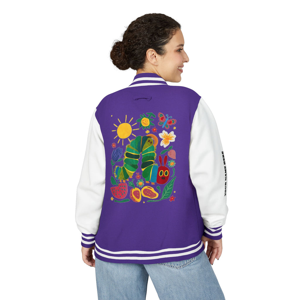 Custom Gift - Letterman Jacket for Teacher — Colorful "Very Hungry Caterpillar" Garden Back Patch