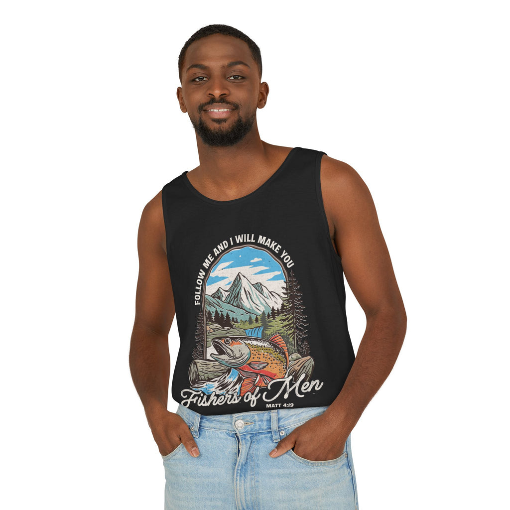 Fishers of Men Tank Top — Christian Fishing Graphic Tank ("Follow Me and I Will Make You" Matthew 4:19)